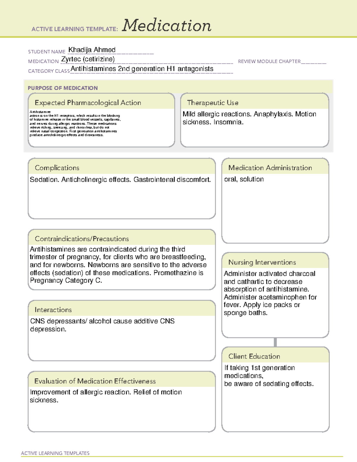 Zyrtec - Drug notes - ACTIVE LEARNING TEMPLATES Medication STUDENT NAME ...