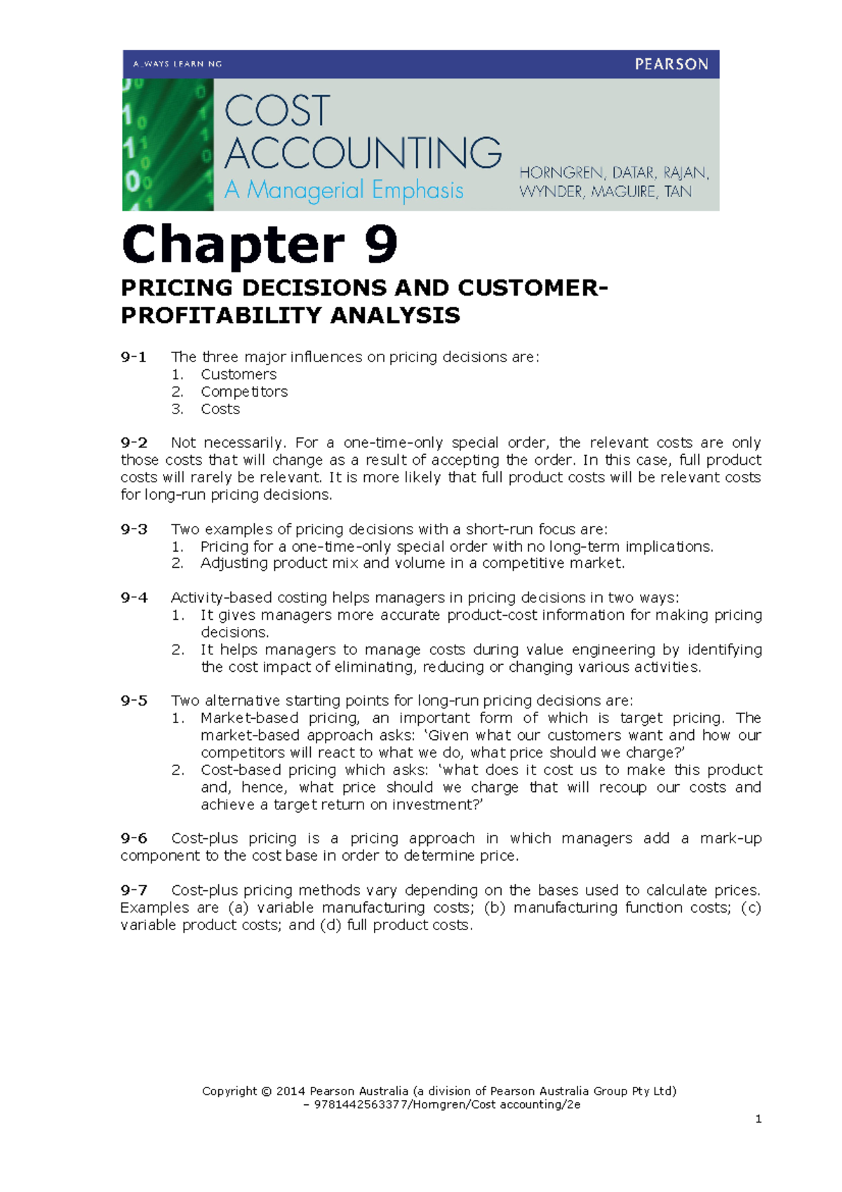 Chapter 9-Tutorial - Chapter 9 PRICING DECISIONS AND CUSTOMER ...
