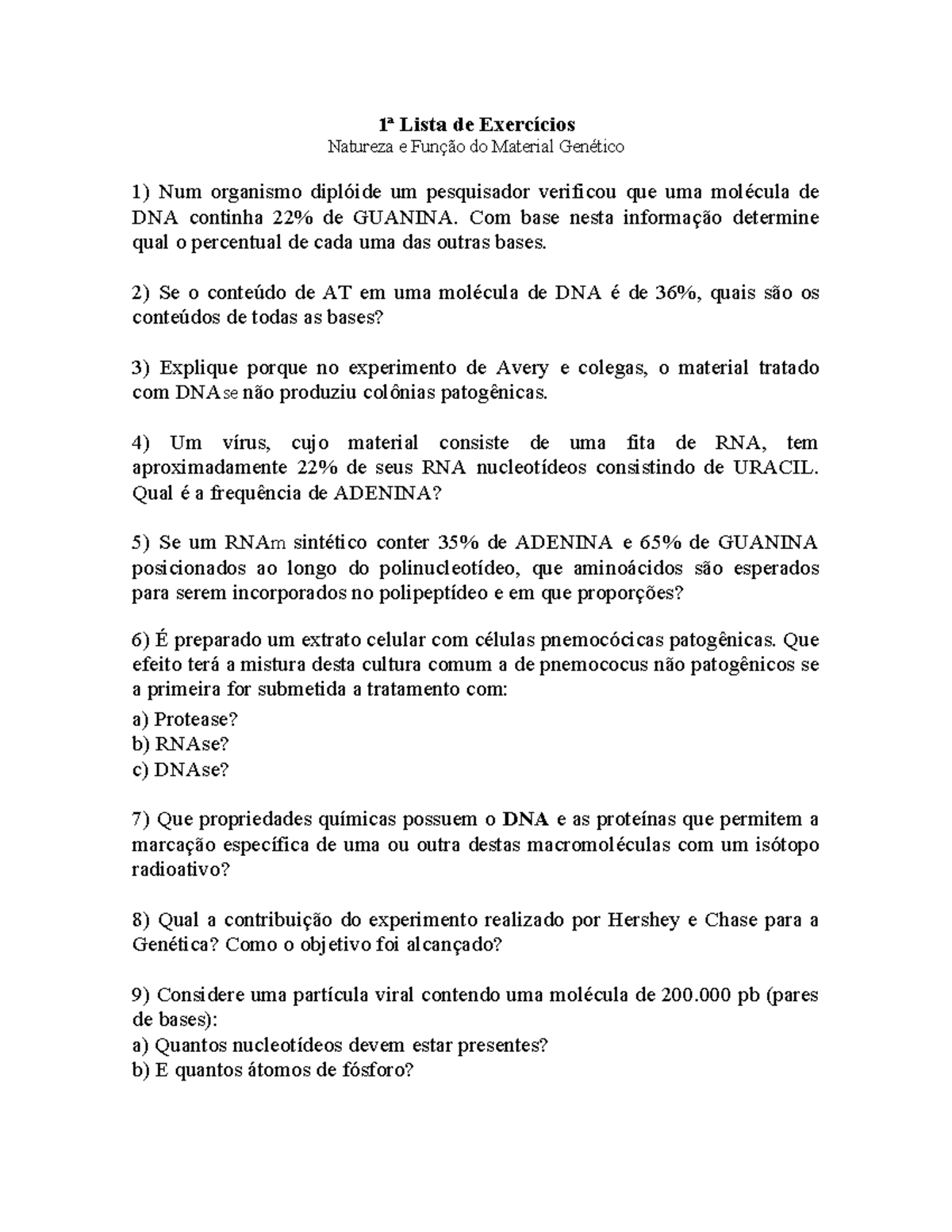 Exercicios Sobre Dna E Rna Com Gabarito Pdf - NAZAEDU