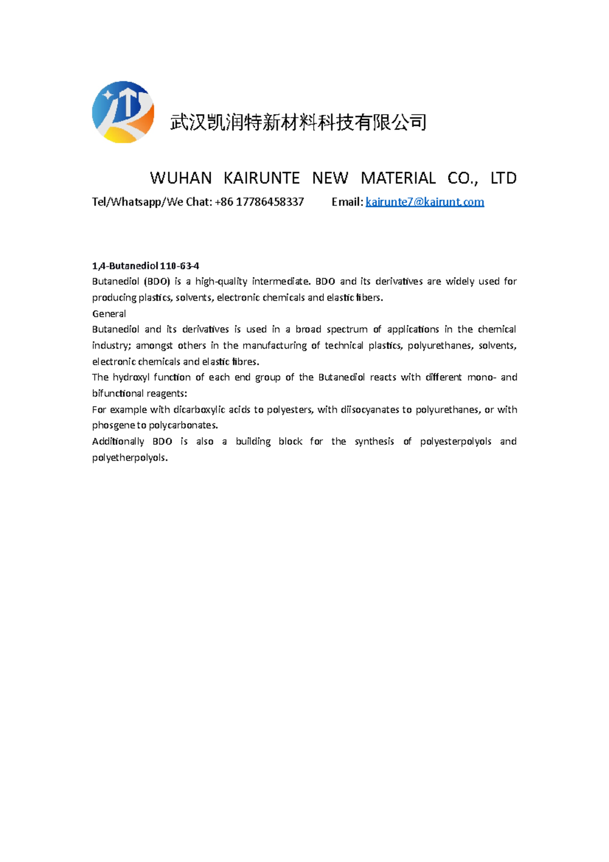 List7 - 1,4-Butanediol 110-63-4 Butanediol (BDO) is a high-quality ...