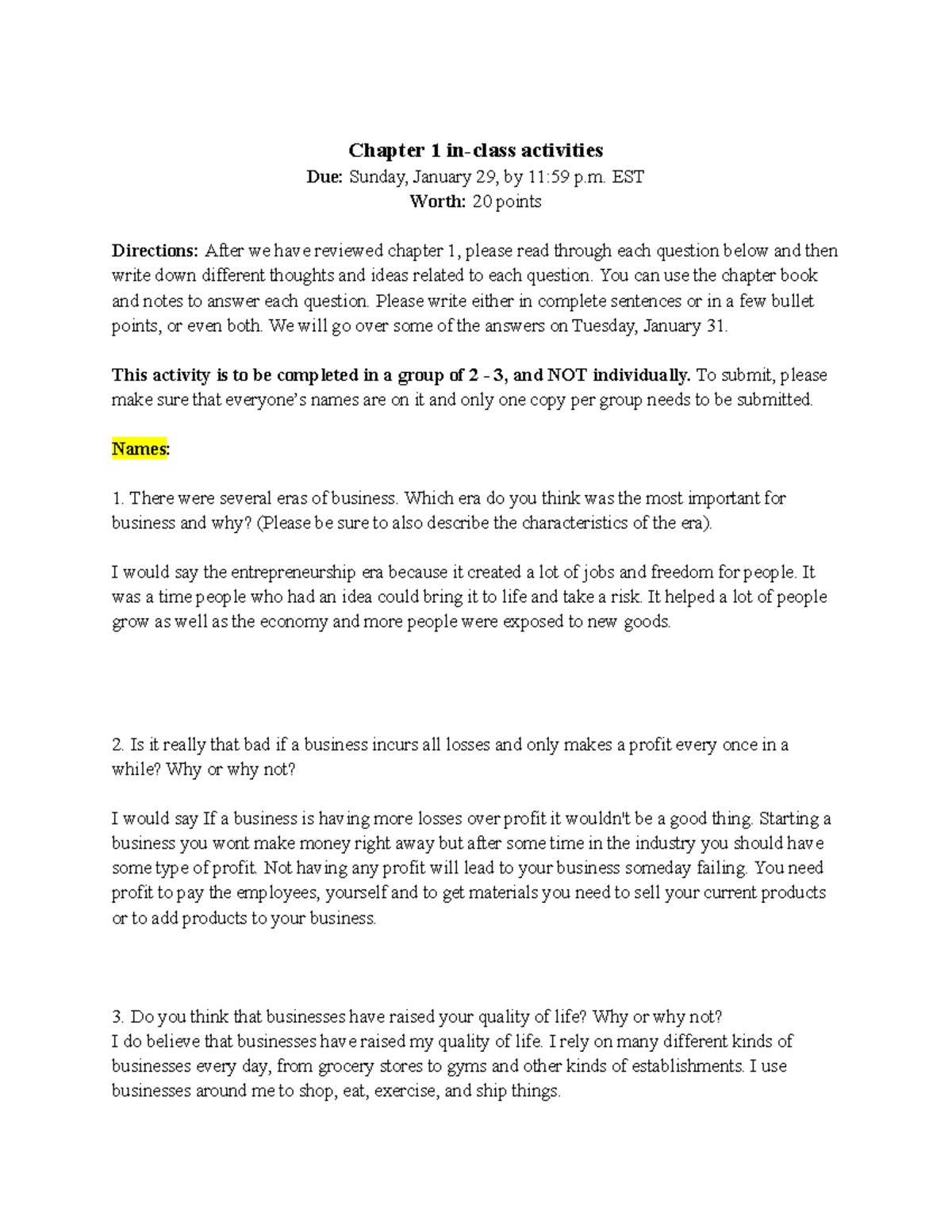 Chapter 1 in class activities - Chapter 1 in-class activities Due ...
