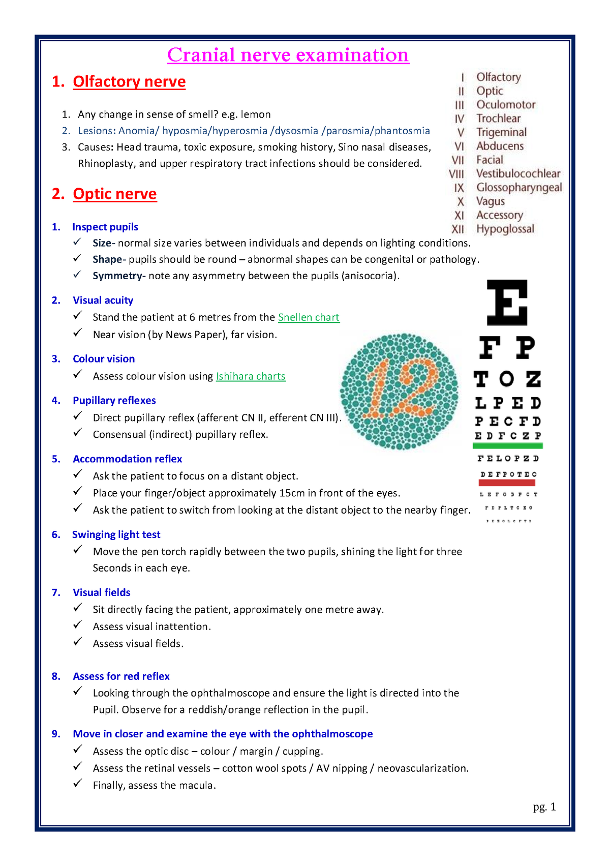 CNS Examination - Cranial nerve examination 1. Olfactory nerve 1. Any ...