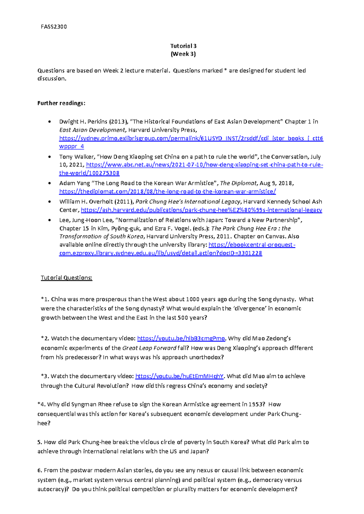 Week 3 Tutorial Questions - FASS Tutorial 3 (Week 3) Questions Are ...