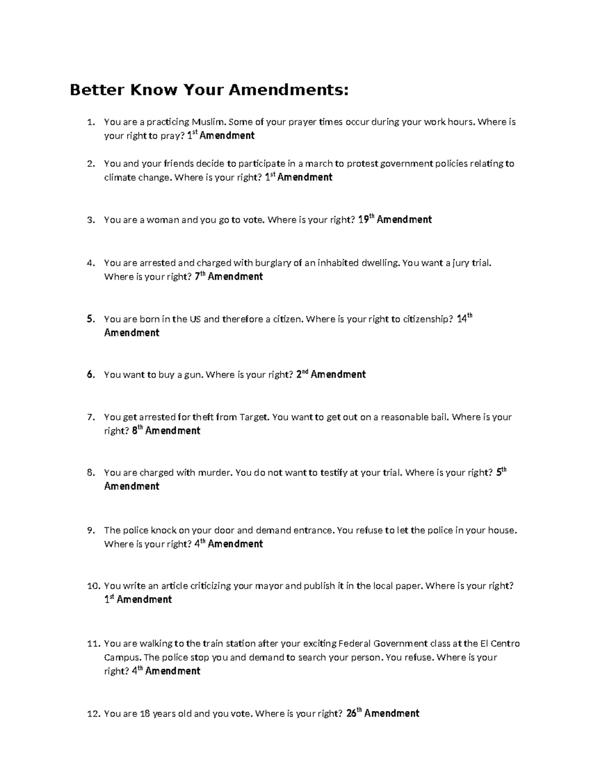 Fed Govt - Amendments Worksheet - Better Know Your Amendments: You are ...