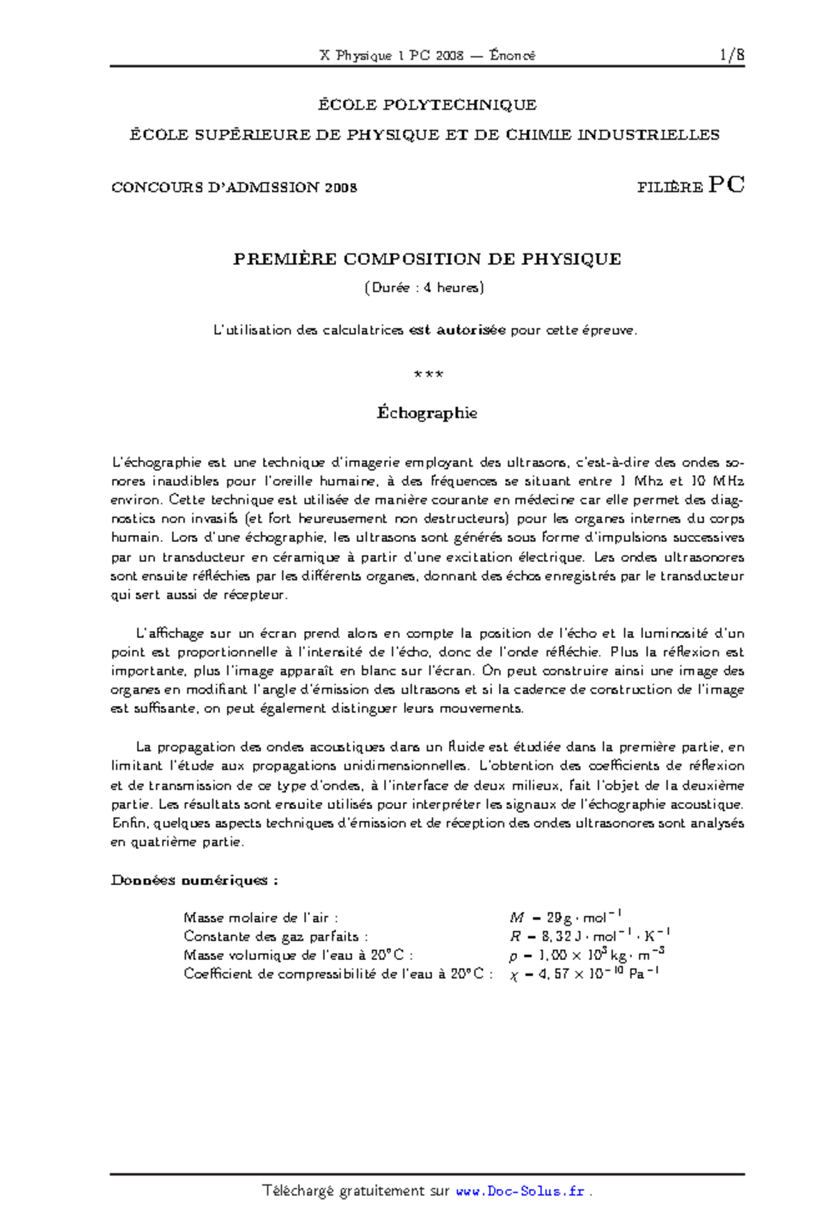 PC Physique X 1 2008 - Exam - ÉCOLE POLYTECHNIQUE ÉCOLE SUPÉRIEURE DE ...