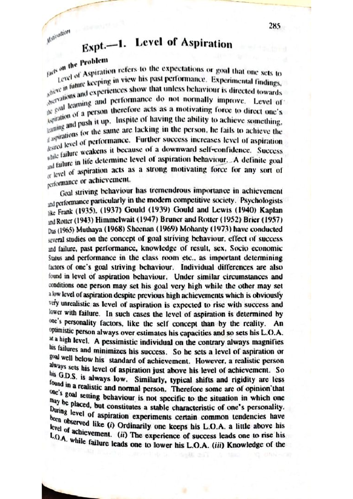 Mohanty LOA - Level of Aspiration note - Monication 285 Level of ...