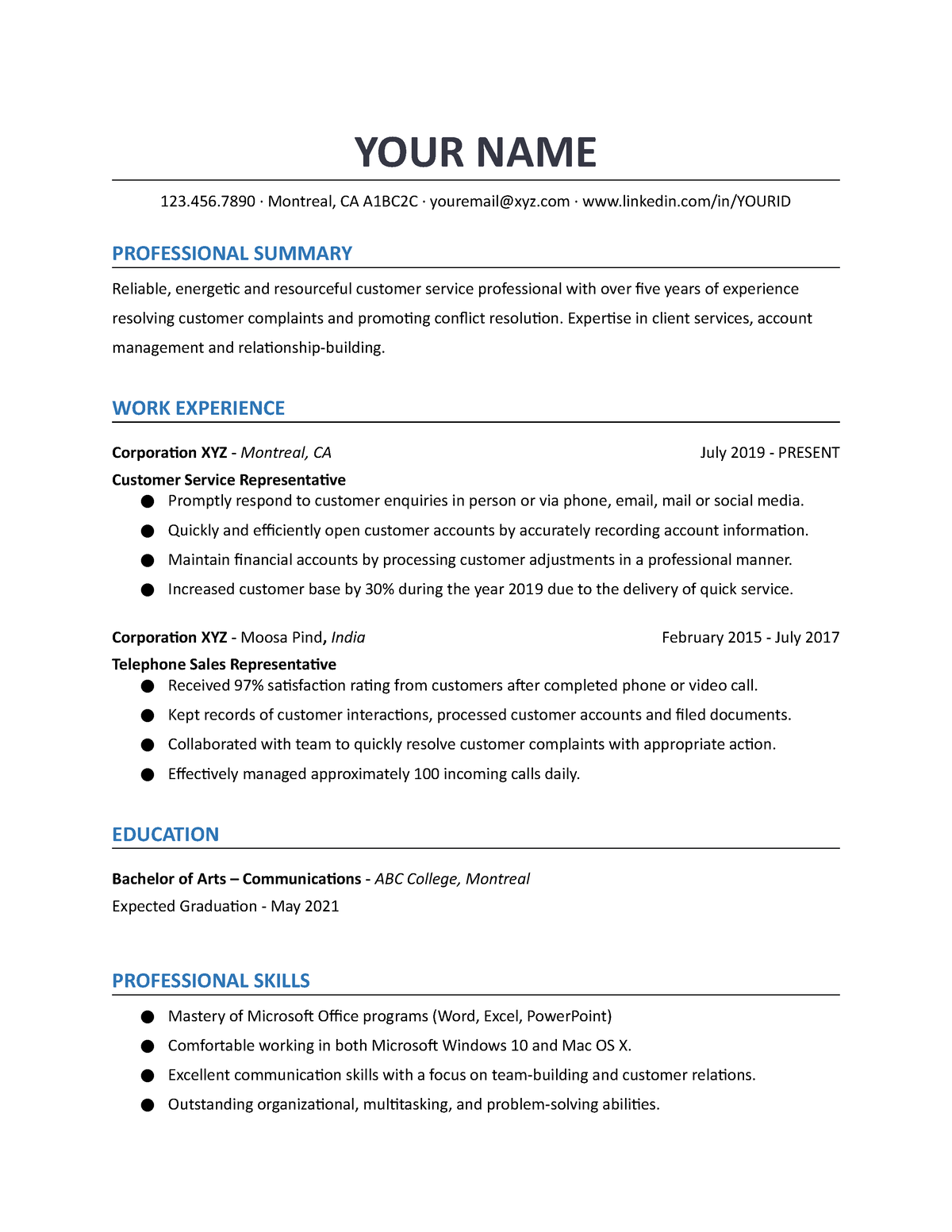 Resume Template for International Students - YOUR NAME 123 ∙ Montreal ...