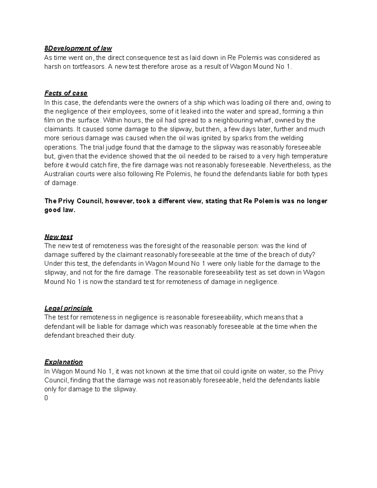Wagon Mound No 1 Summary Tort Law 8Development of law As time went