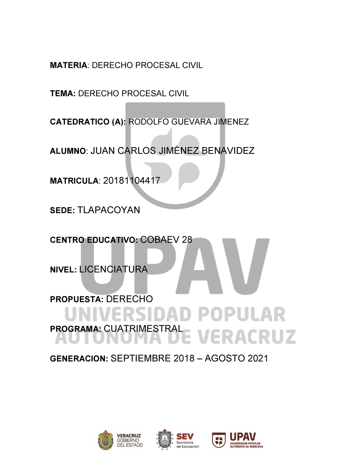 Procesal Civil - MATERIA: DERECHO PROCESAL CIVIL TEMA: DERECHO PROCESAL ...