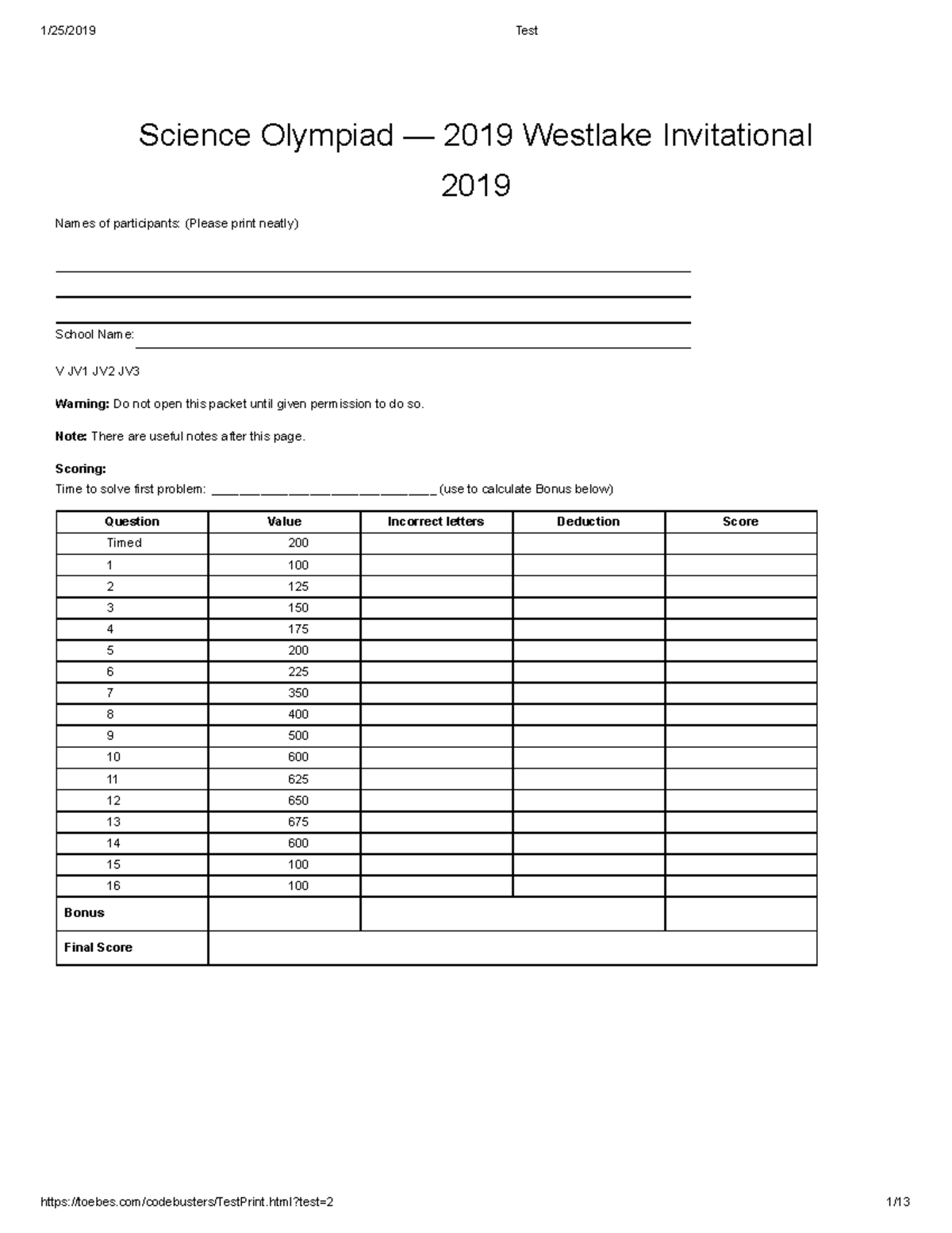 Codebusters Div C TEST 2019 0126 - Science Olympiad — 2019 Westlake ...