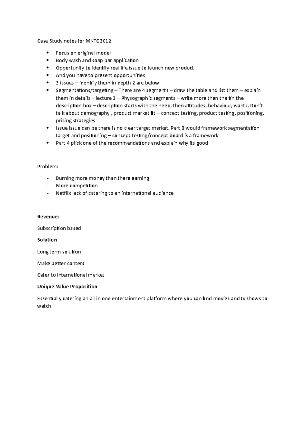 Case Study notes for MKTG3012 - Case Study notes for MKTG Focus on ...