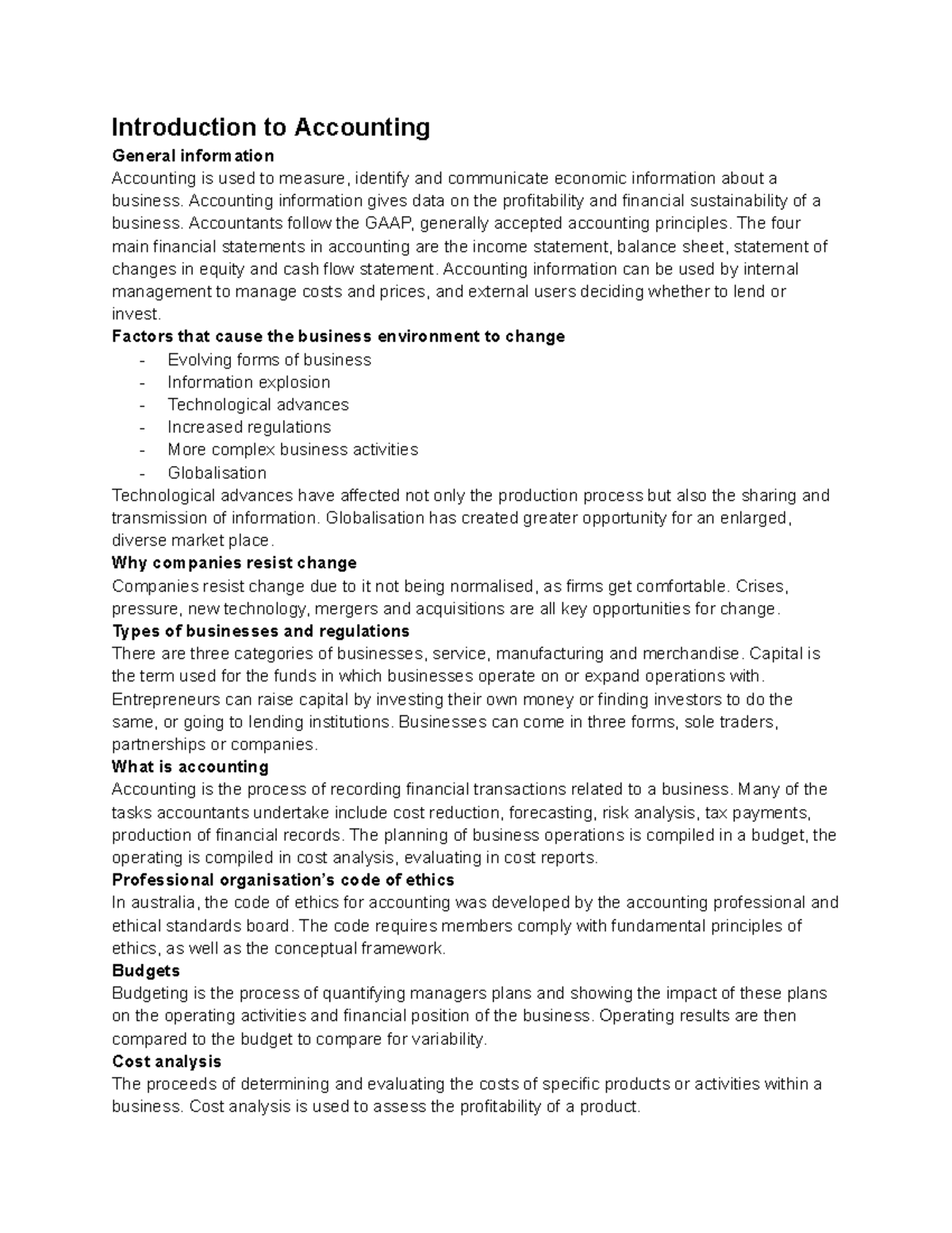 BUS1030 2023 notes - Introduction to Accounting General information ...