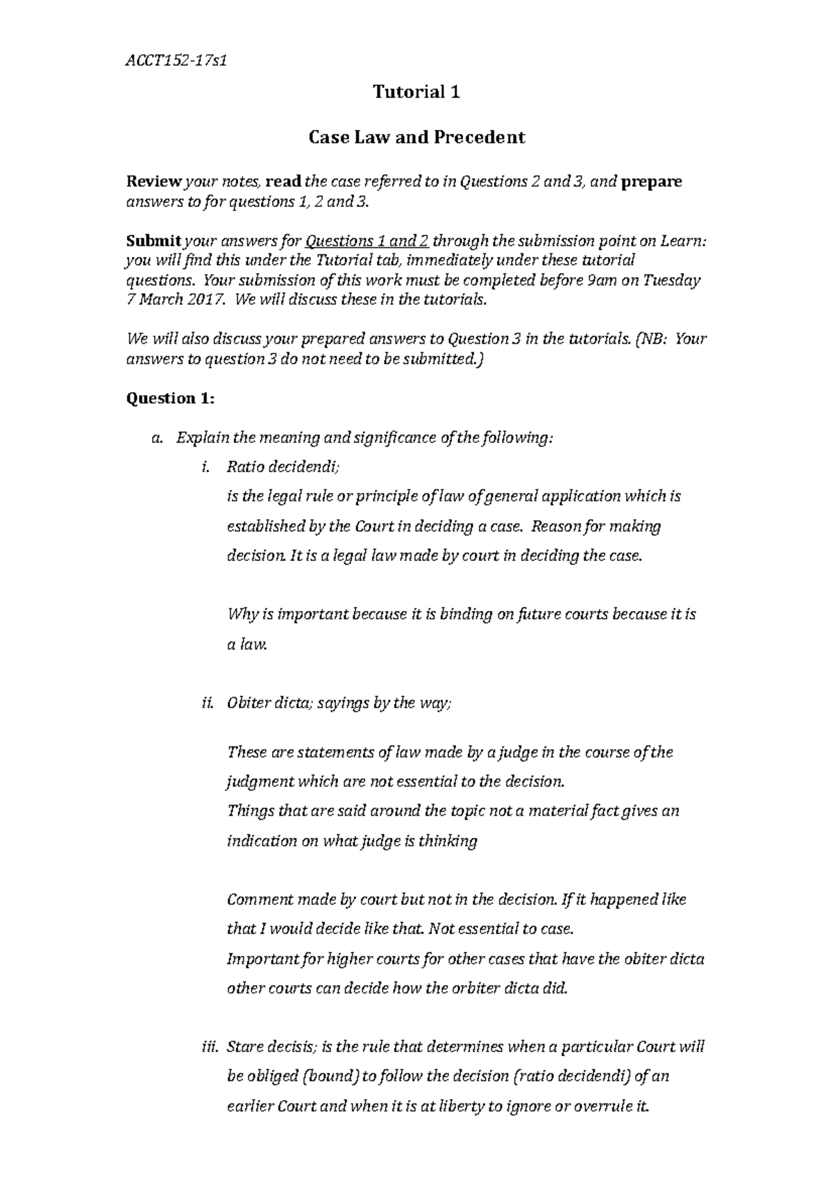 Tutorial 1 Case Law and Precedent Tutorial 1 Case Law and Precedent