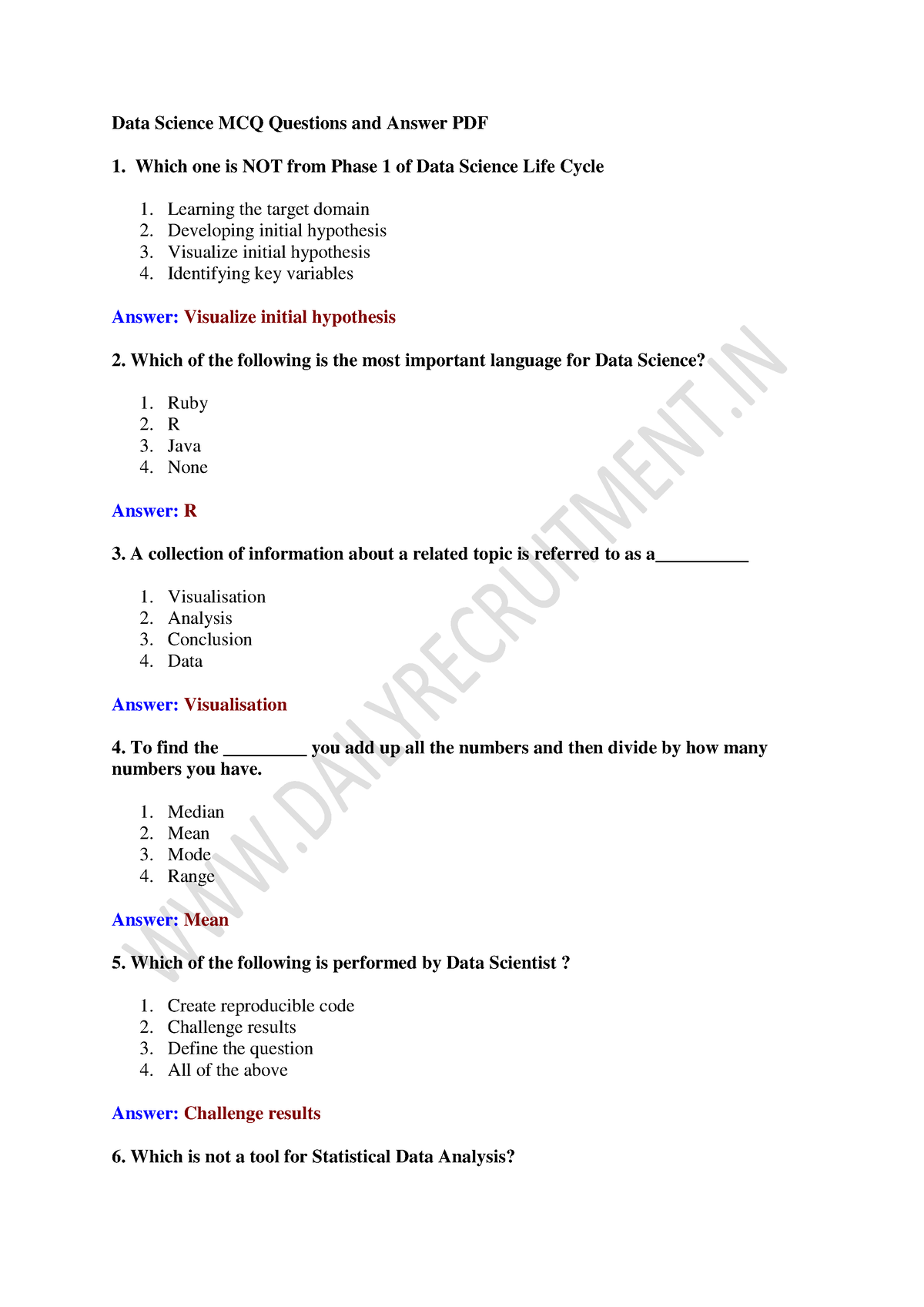 Data Science Mcq None Data Science MCQ Questions And Answer PDF 1 Which One Is NOT From 