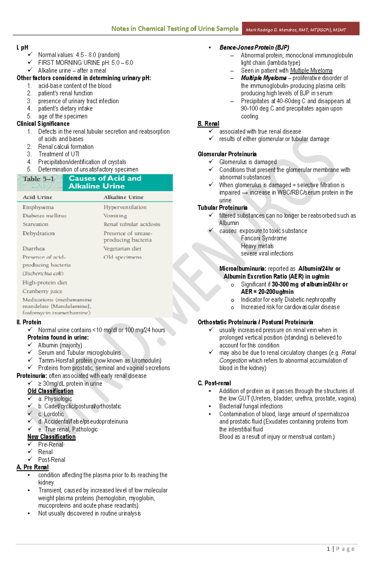 AUBF notes in chemical analysis - I. pH Normal values: 4 - 8 (random ...