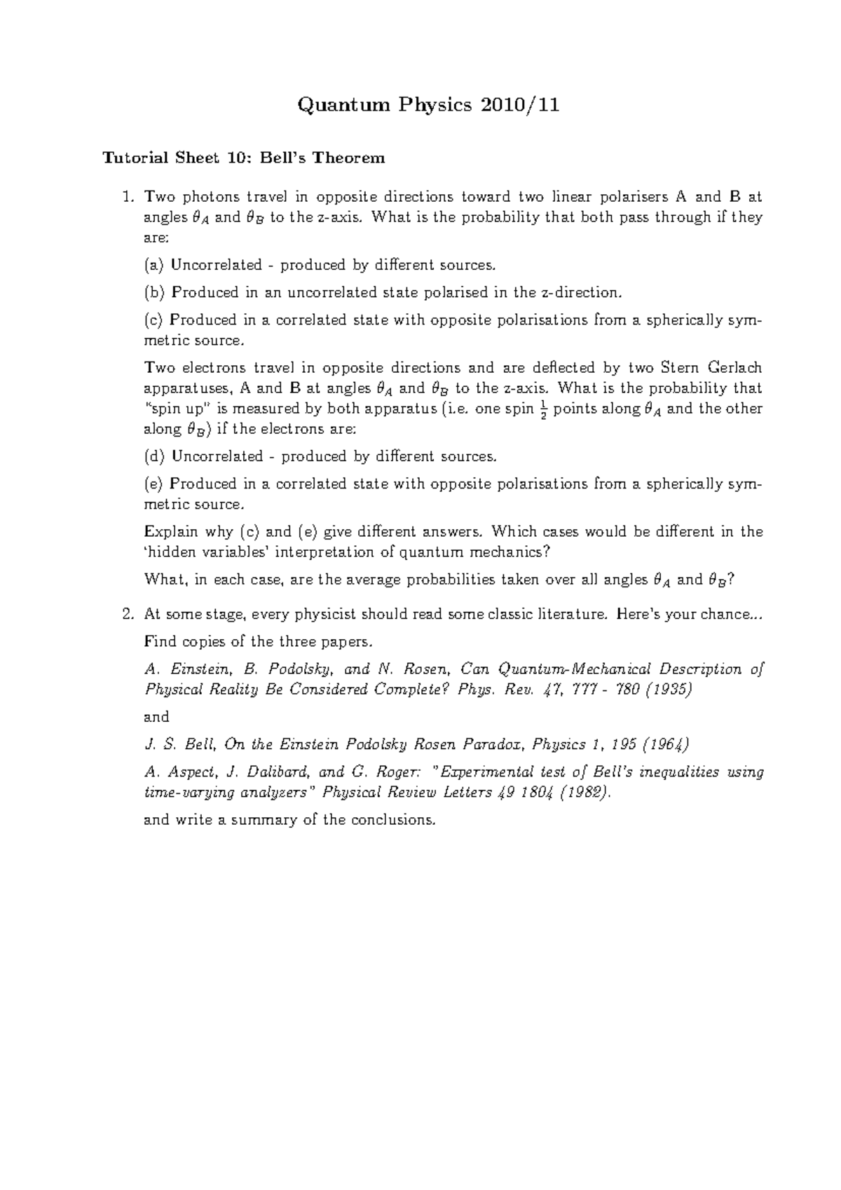 Tutorial 10 - Questions - Quantum Physics Tutorial Sheet 10: Theorem 1 ...