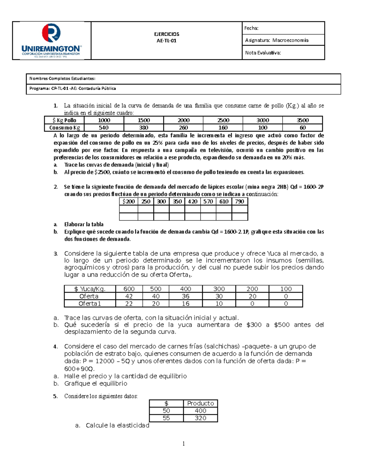 Ejercicios De Micreconomia - EJERCICIOS AE-TL- Fecha: Asignatura ...