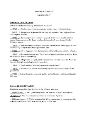 Income Taxation - Memory TEST PART 1 AND 2 - Memory Test (Part 1), True ...