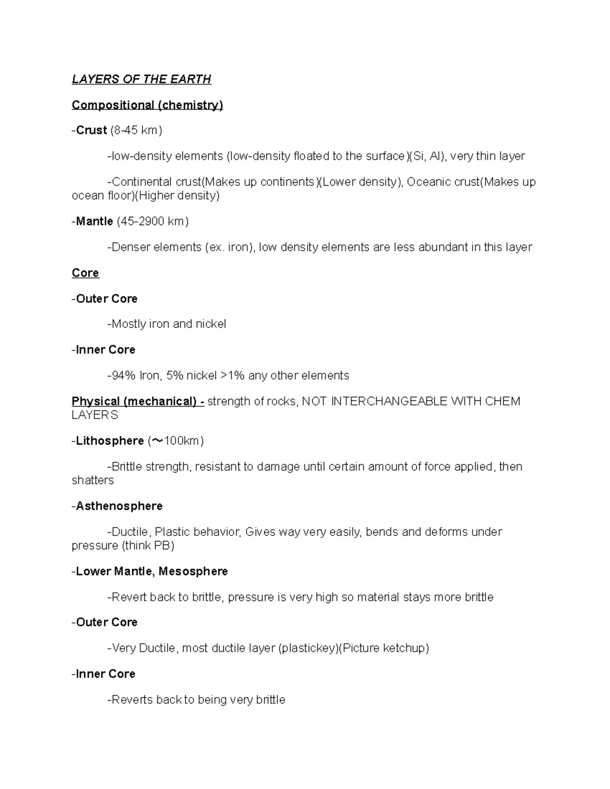Geology notes 2 - LAYERS OF THE EARTH Compositional (chemistry) Crust ...