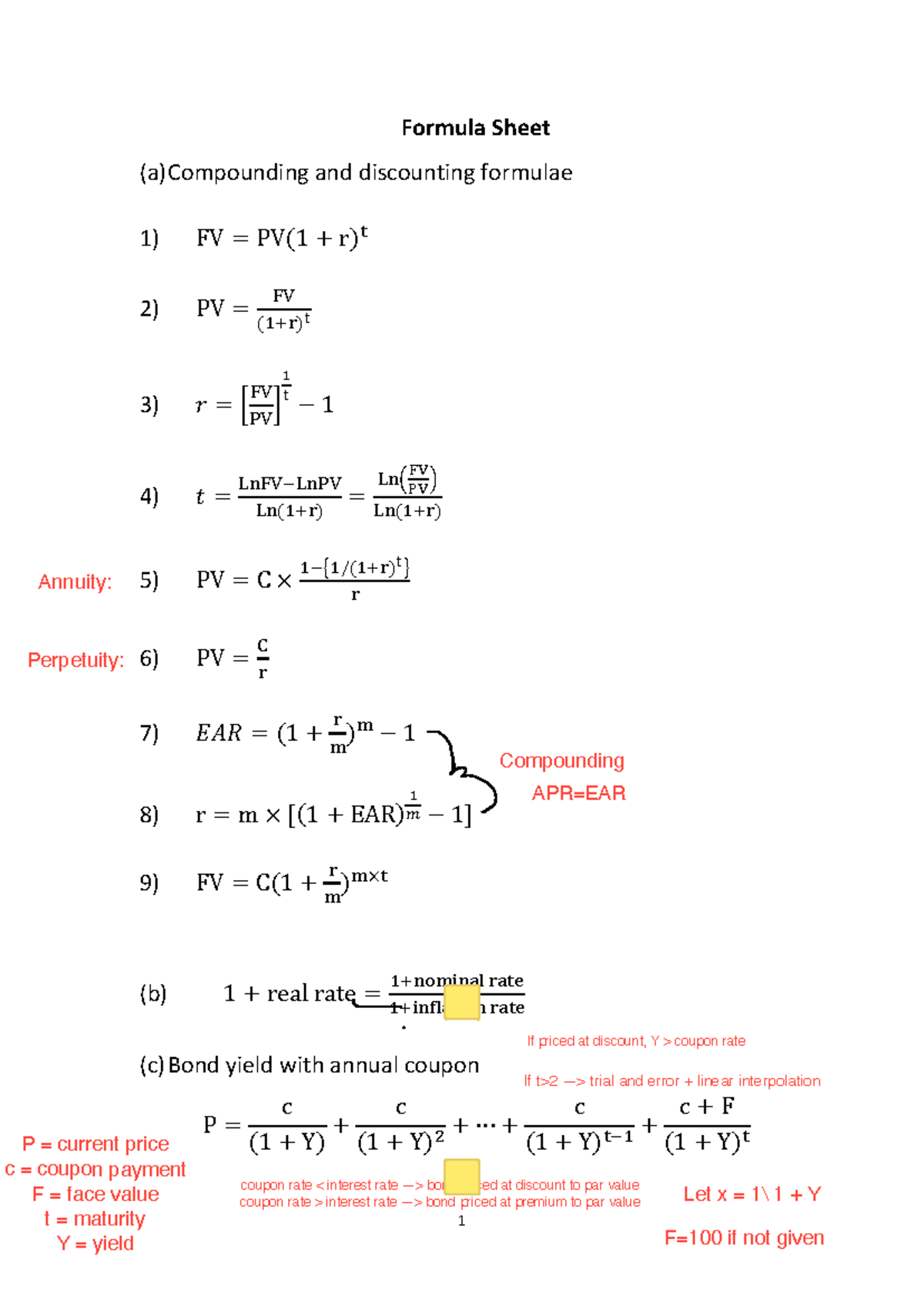 Formula sheet - Notes - Formula Sheet (a) Compounding and discounting ...
