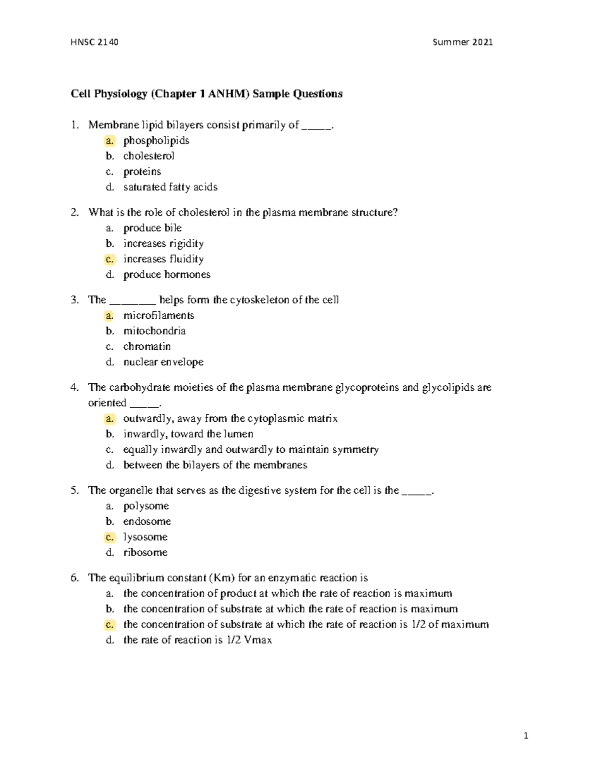 2. Cell Physiology - practice quiz question ans - HNSC 2140 Summer 20 ...