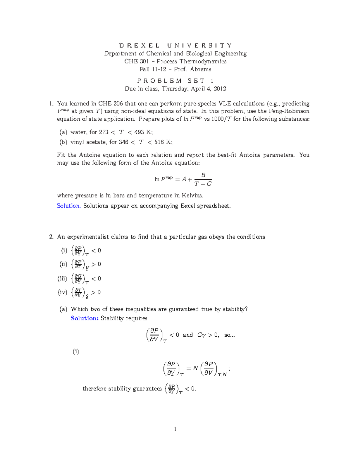 HW1Solutions Spring - CHE 301 HW 1 Solutions - DREXEL UNIVERSITY ...