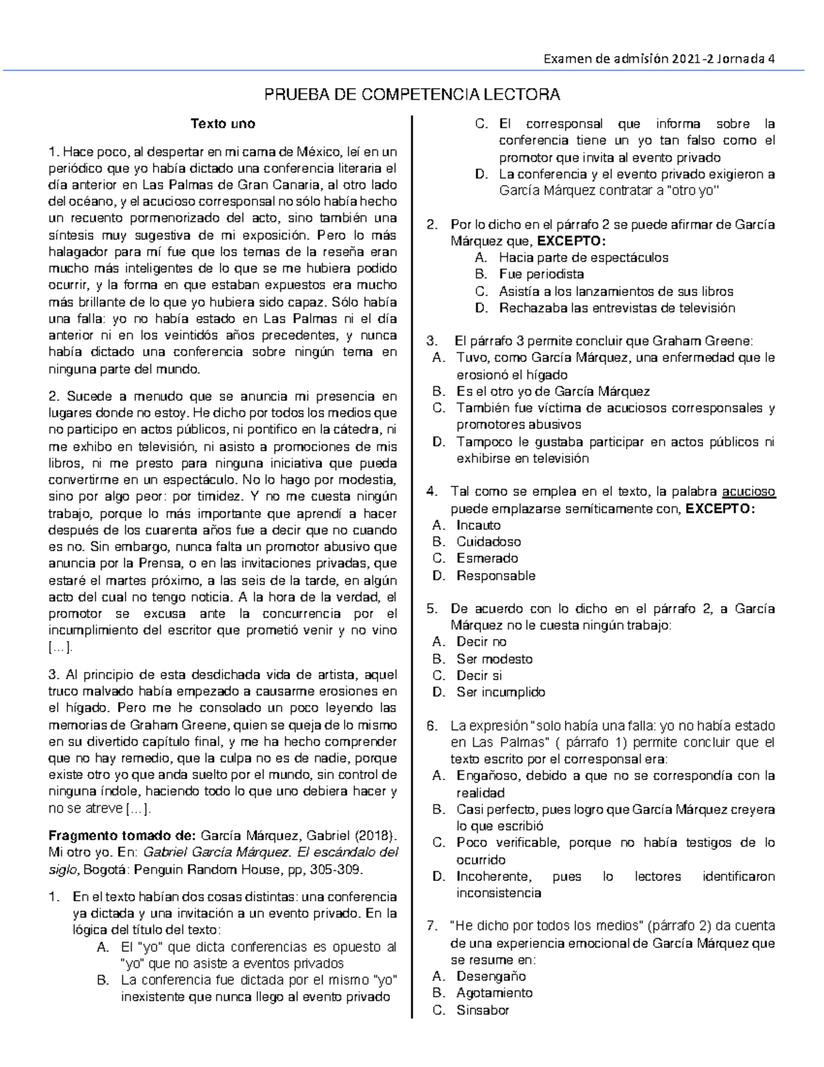 examen preparación udea - PRUEBA DE COMPETENCIA LECTORA Texto uno Hace ...
