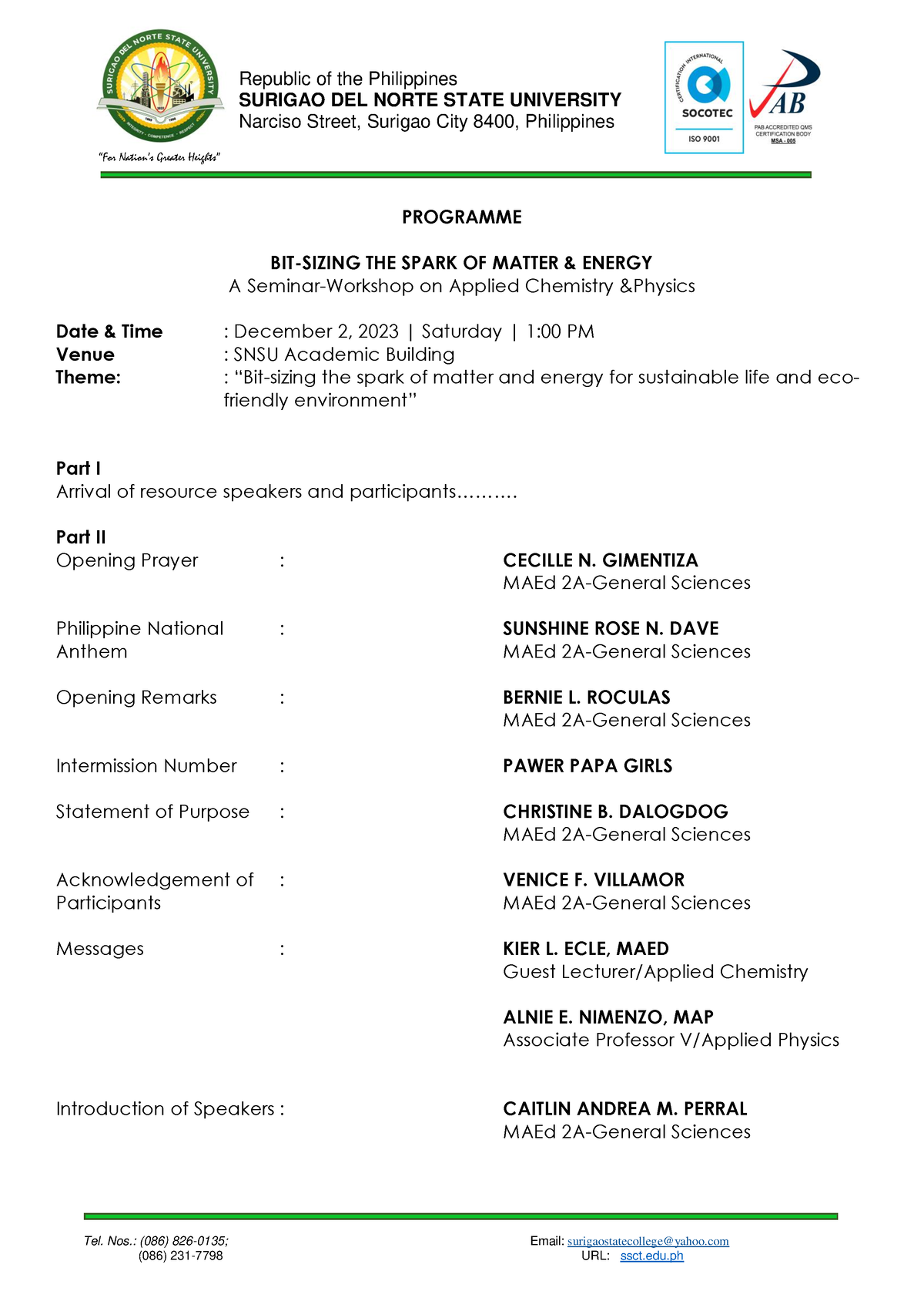 Programme - Republic of the Philippines SURIGAO DEL NORTE STATE ...