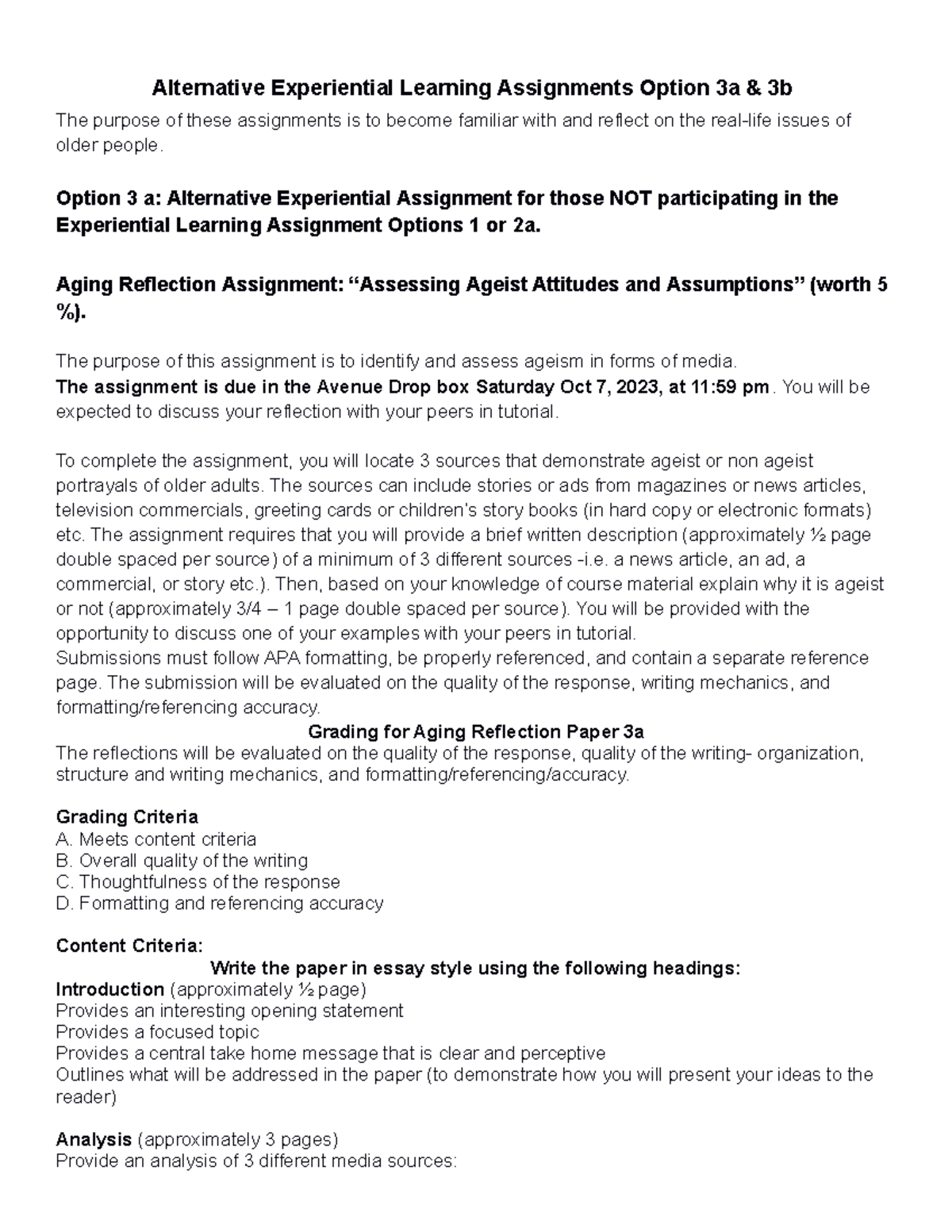 1BB3 Alternative Experiential Learning Assignments 3a & 3B Fall 2023 ...