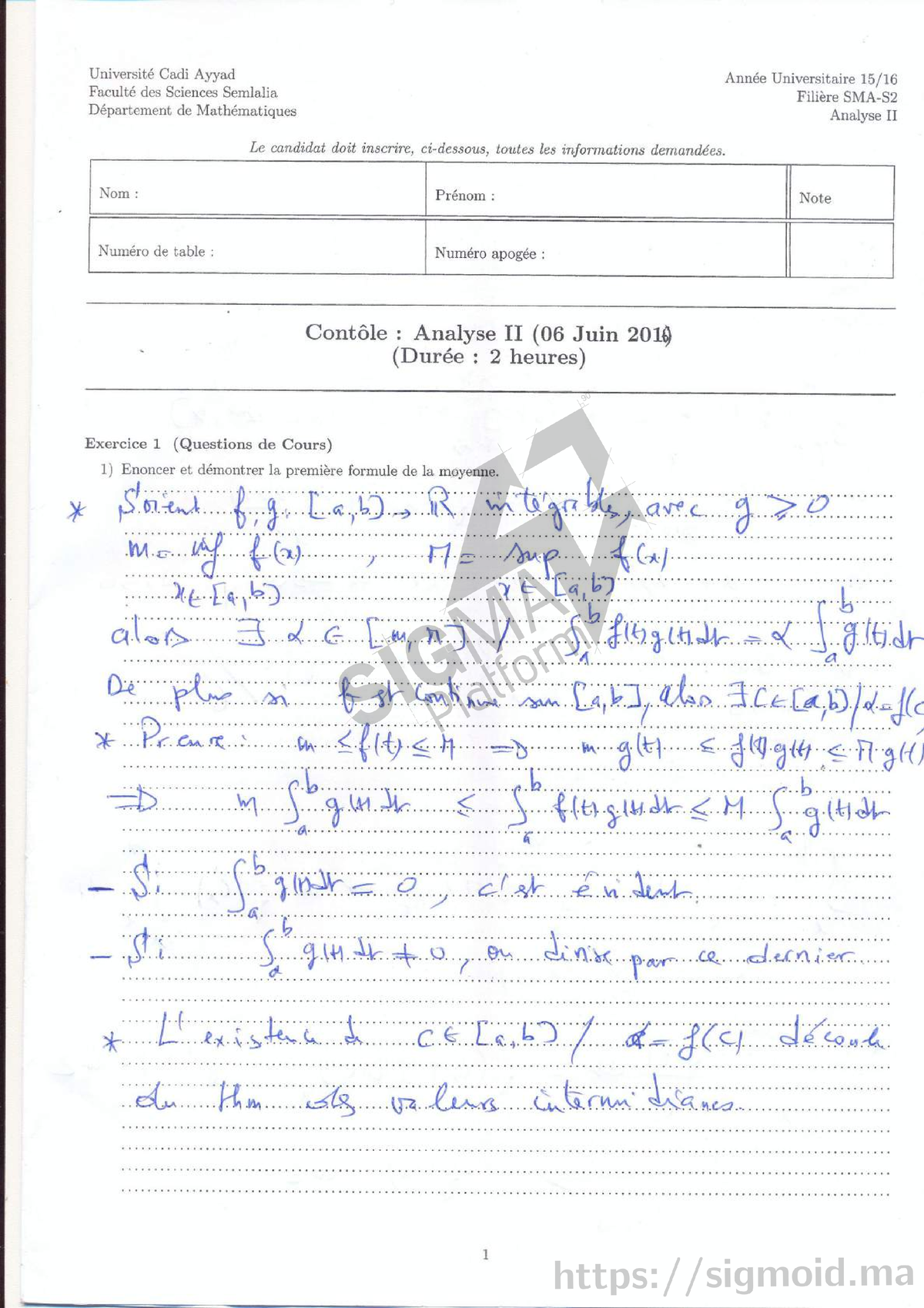 Correction Du Contrôle D'analyse 2 SMA S2 2016 - Université Cadi Ayyad ...