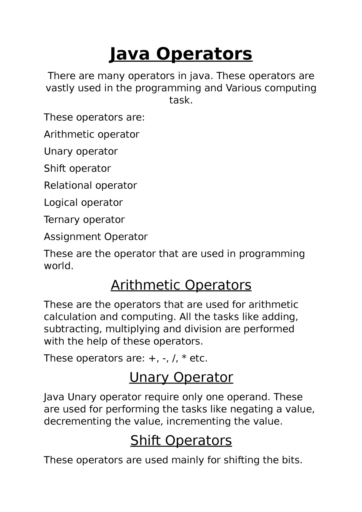 Java Operators Notes - Java Operators There Are Many Operators In Java ...