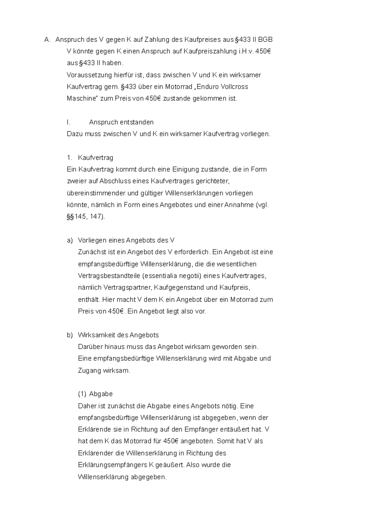 Anspruch Auf Rückzahlung Des Kaufpreises Hausarbeit Zivilrecht - A. Anspruch des V gegen K auf Zahlung des