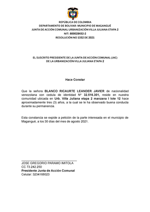 Certificado DE Residencia - REPÚBLICA DE COLOMBIA DEPARTAMENTO DE BOLIVAR-  MUNICIPIO DE MAGANGUÉ - Studocu