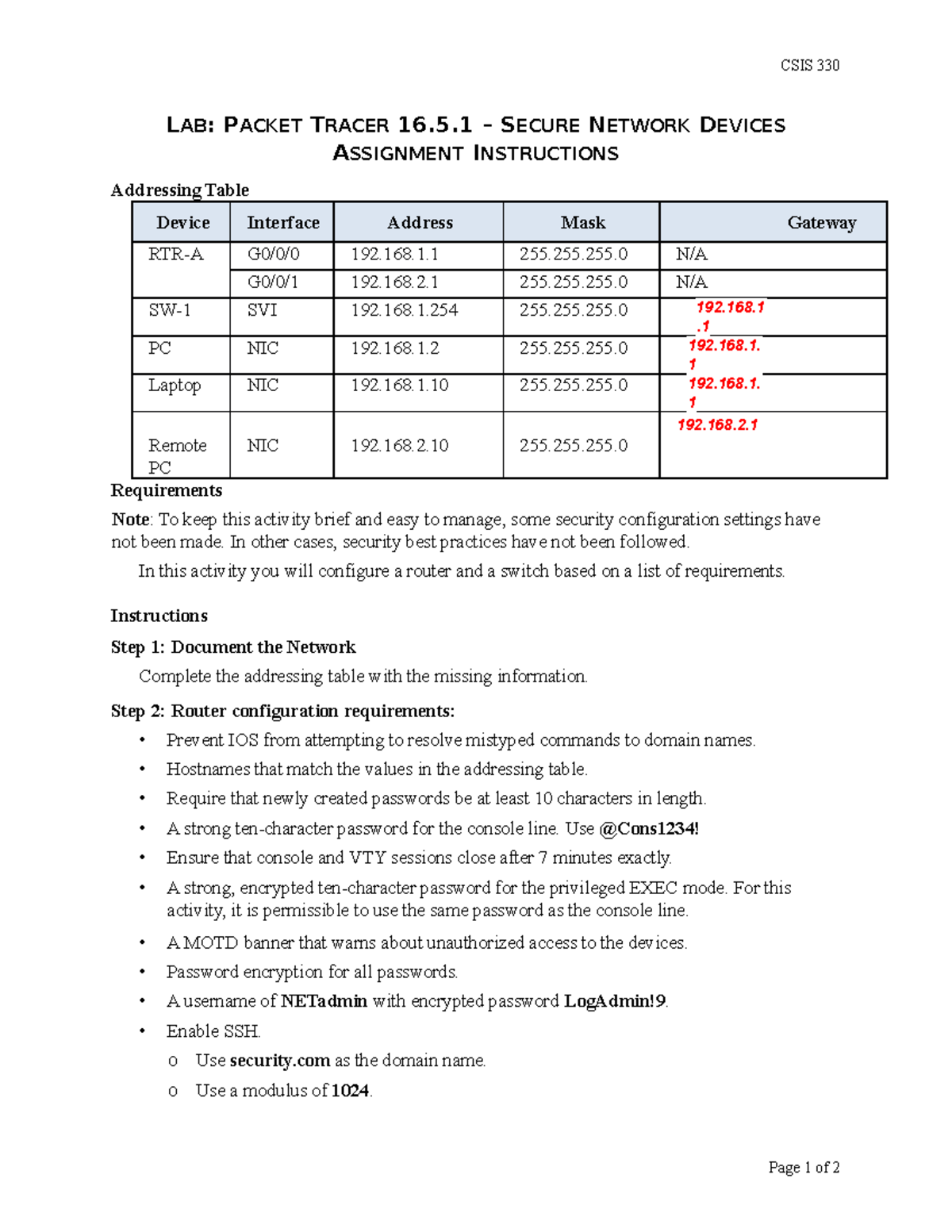 Lab Packet Tracer 16 5 1 Secure Network Devices Assignment Instructions Csis 330 Lab Packet