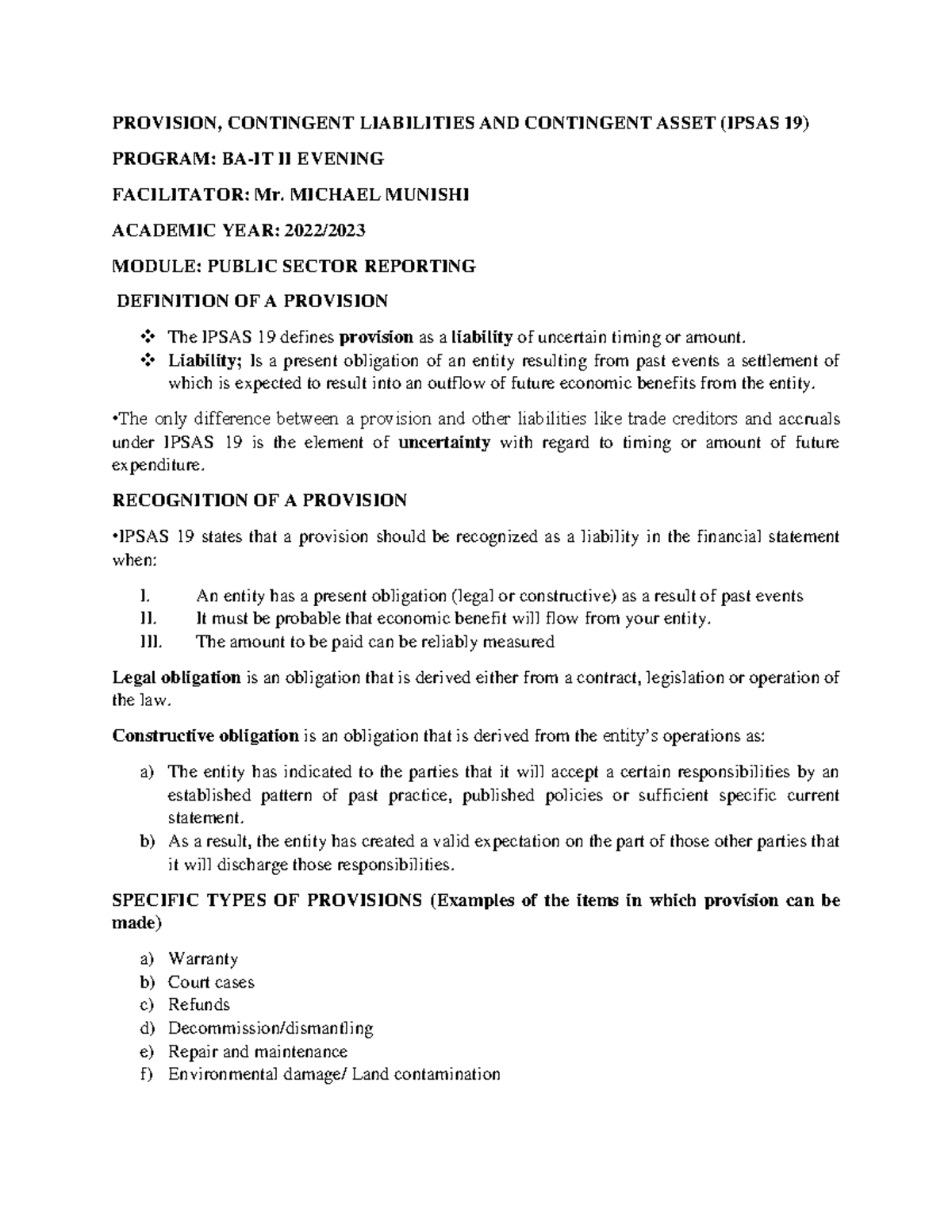 Ipsas 19 - STUDENT - PROVISION, CONTINGENT LIABILITIES AND CONTINGENT ...