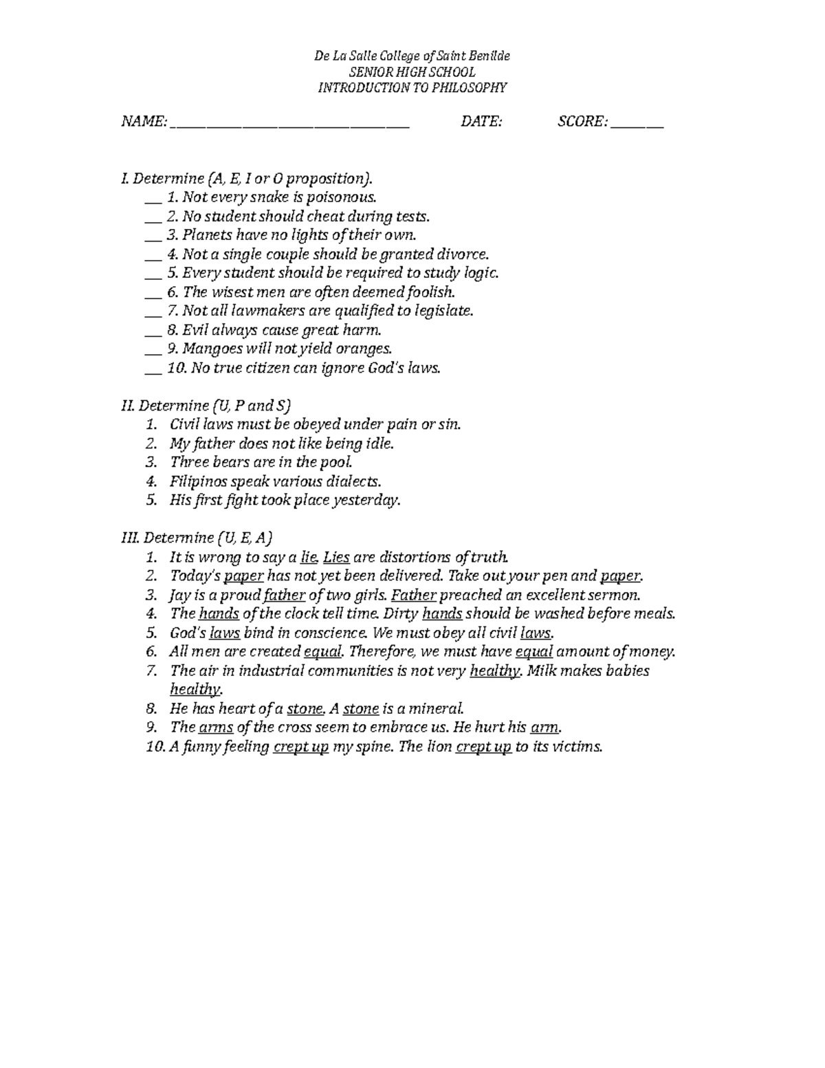 Quiz #2- Final - a quiz about logic - De La Salle College of Saint ...