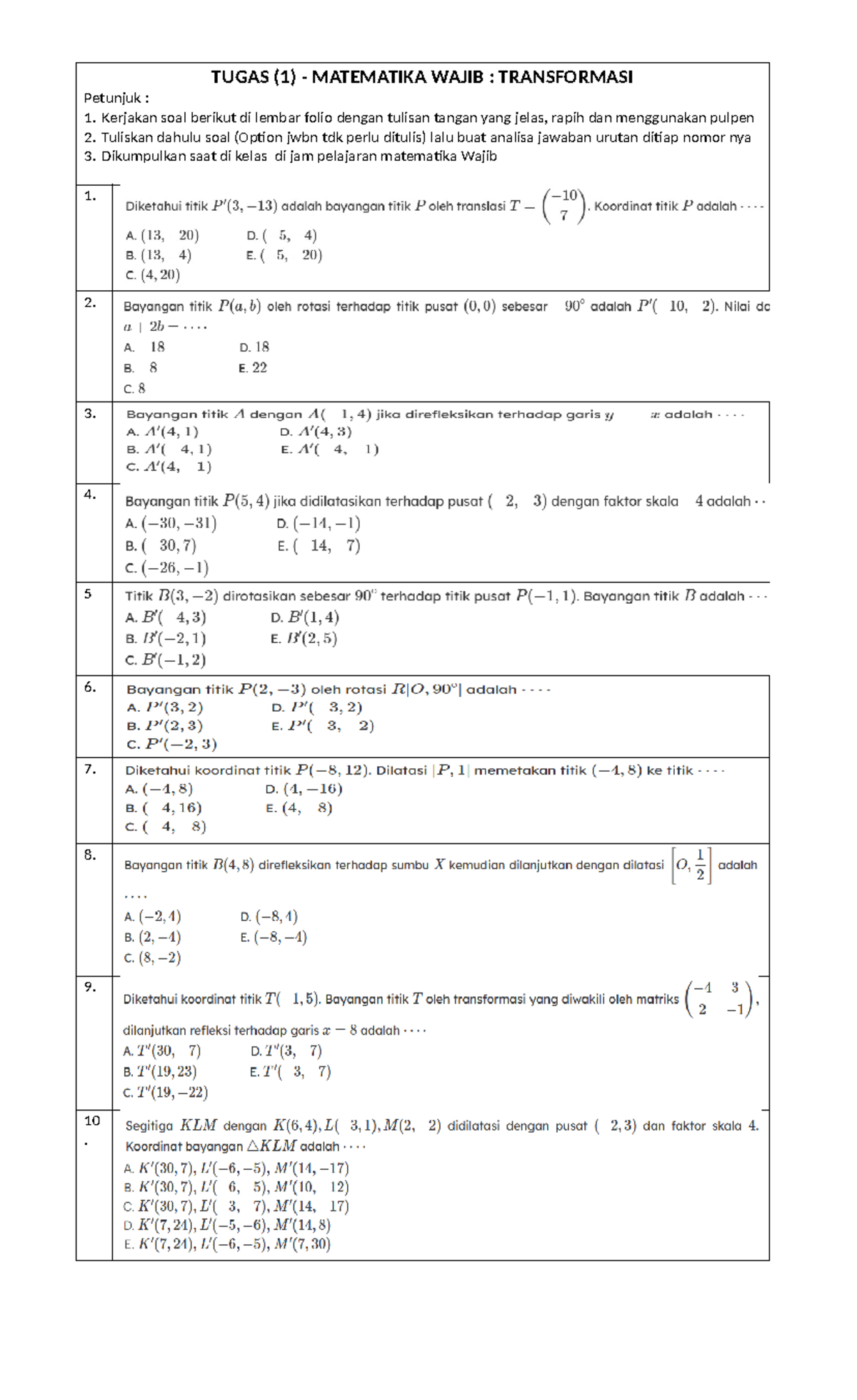 TGS(1) - Transformasi - math - TUGAS (1) - MATEMATIKA WAJIB ...