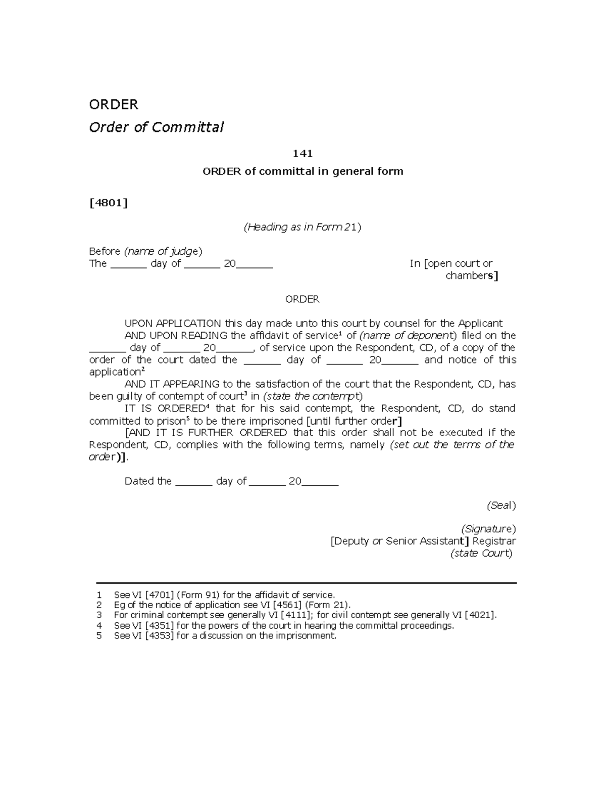 141 Order Of Committal In General Form - Order Order Of Committal 141 