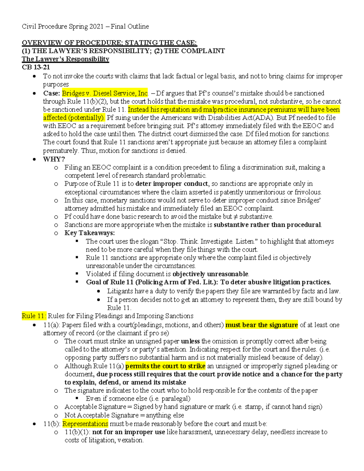 Spring 2021- Civ Pro Final Outline - Civil Procedure Spring 2021 ...