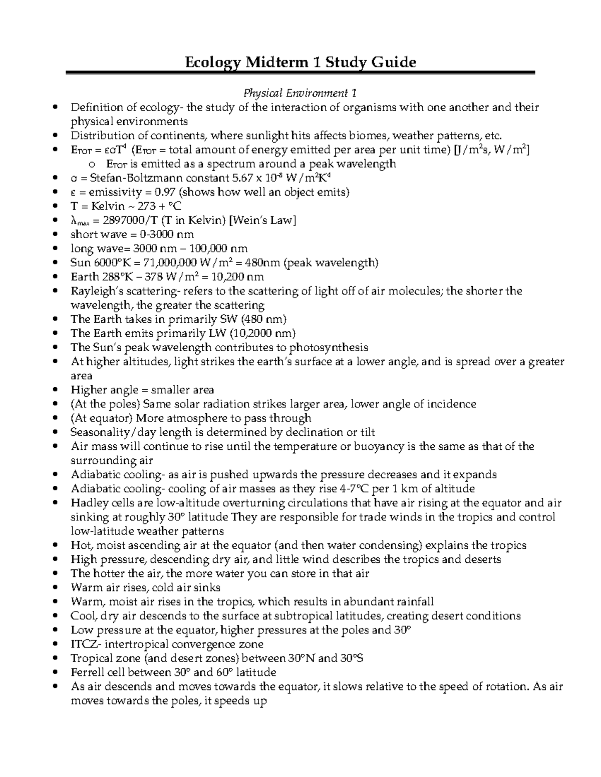 Midterm 1 Review Ecology - Ecology Midterm 1 Study Guide - Studocu