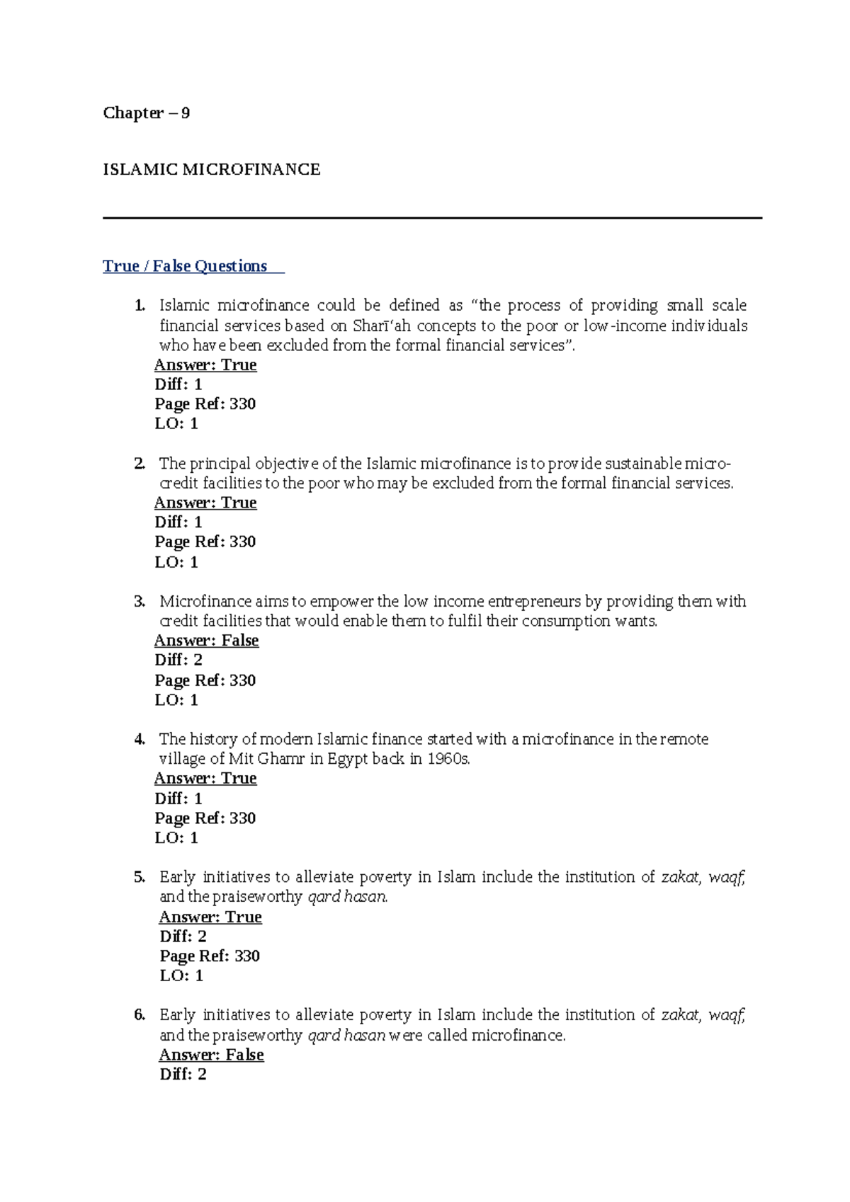 TB9 Chapter 9 ISLAMIC MICROFINANCE True / False Questions Islamic