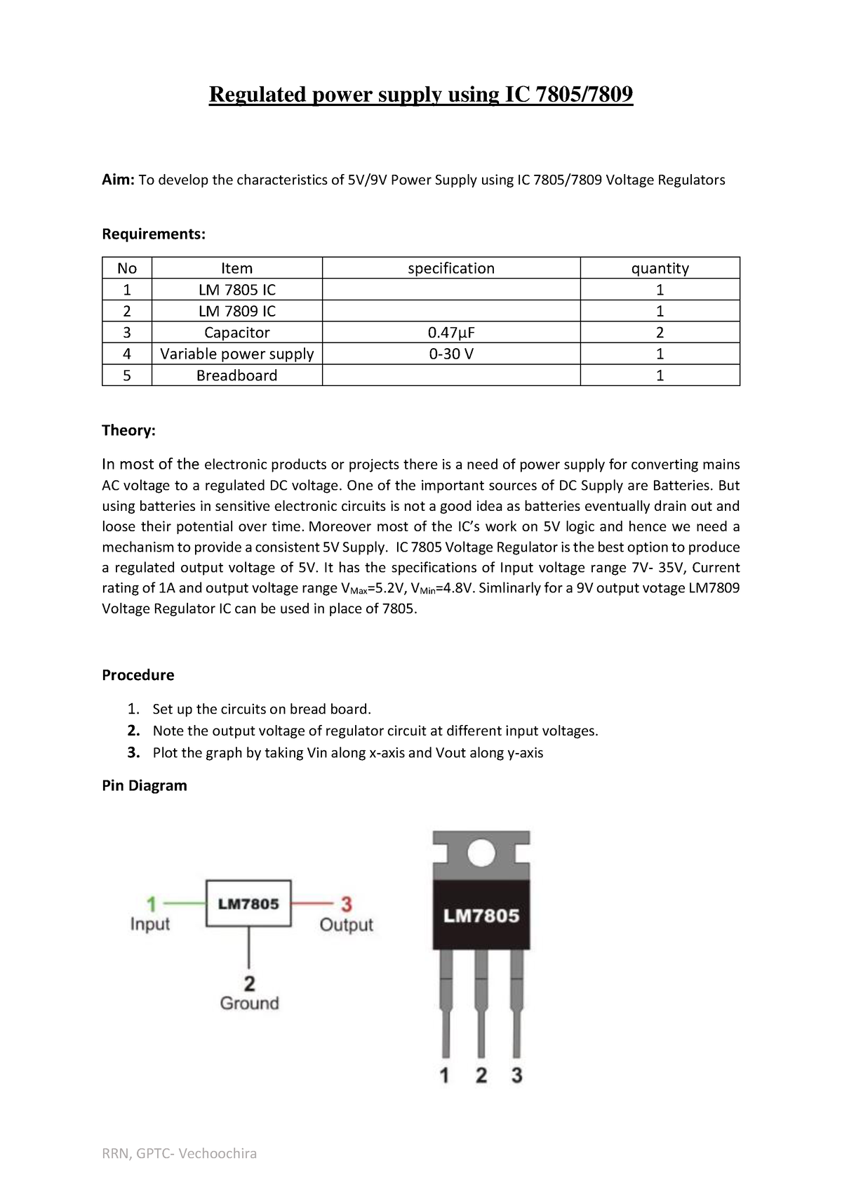 Regulated Power Supply Rrn Gptc Vechoochira Regulated Power Supply Using Ic Aim To