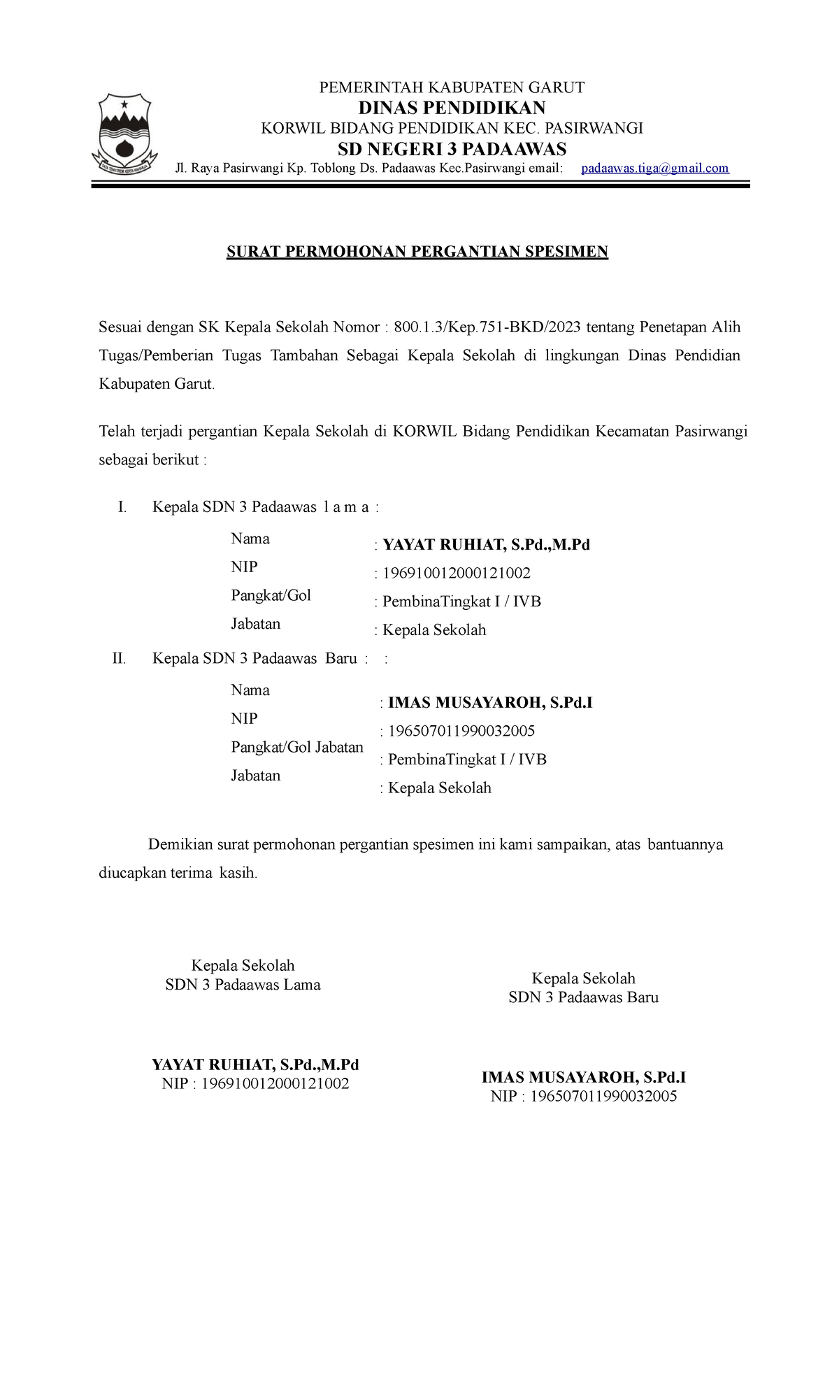 Surat Permohonan Pergantian Spesimen - PEMERINTAH KABUPATEN GARUT DINAS ...