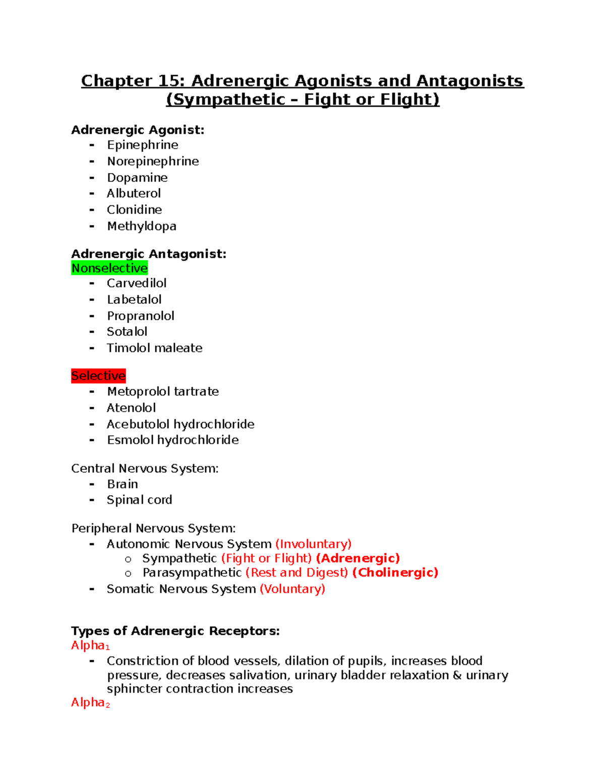 Chapter 15 And 17 Study Guide - Chapter 15: Adrenergic Agonists And ...