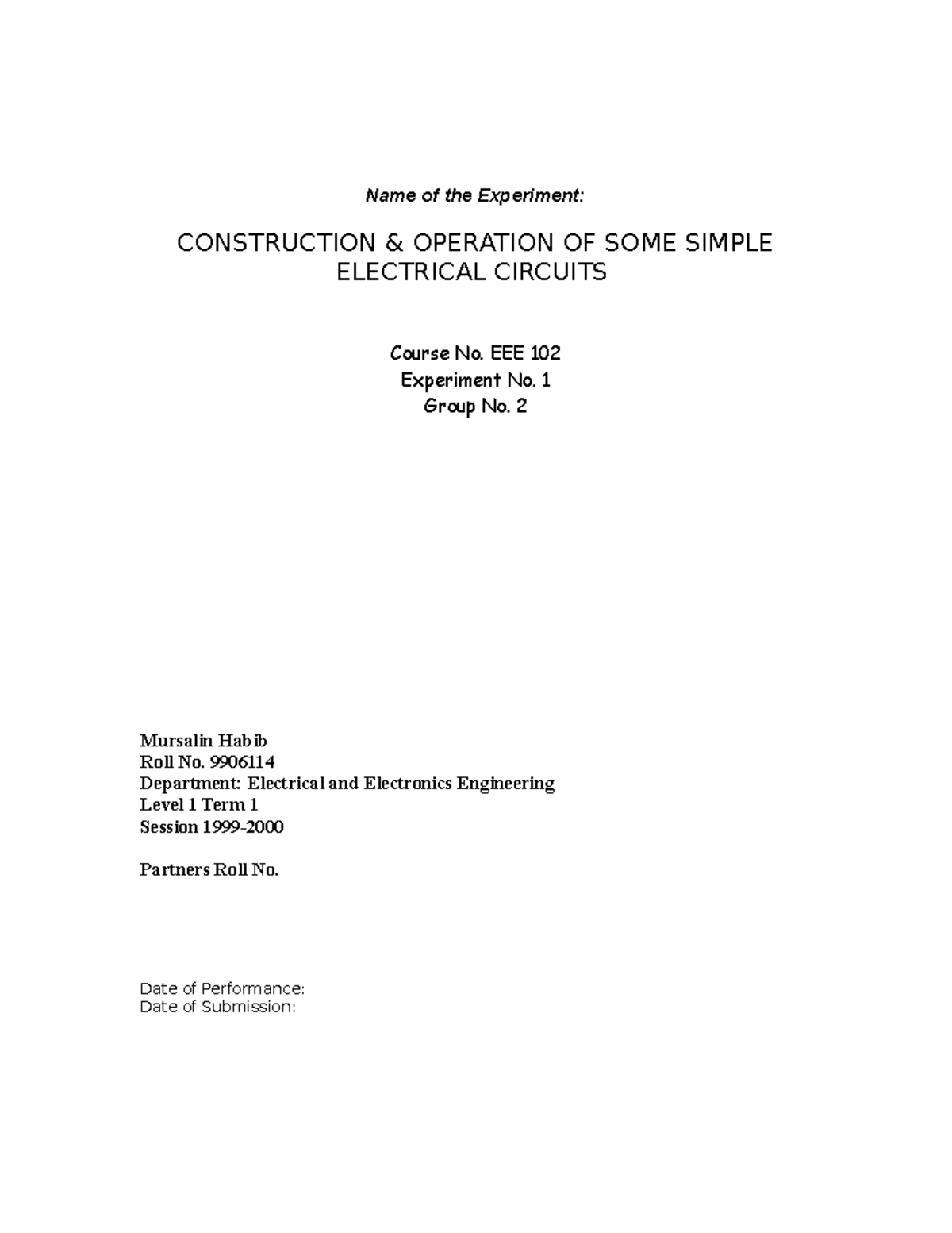 Eee 01 Lab Report Construction & Operation Of Some Simple