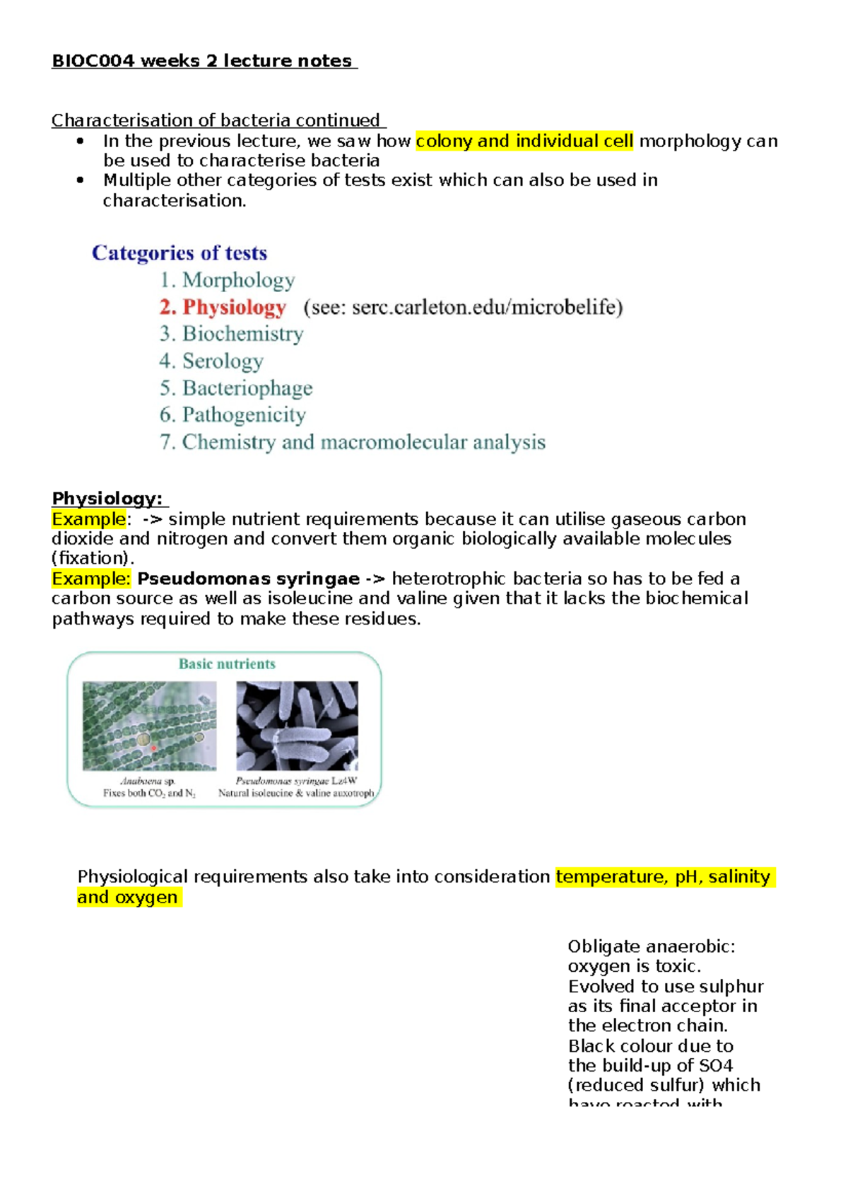 BIOC004 weeks 2 lecture notes - BIOC004 weeks 2 lecture notes ...