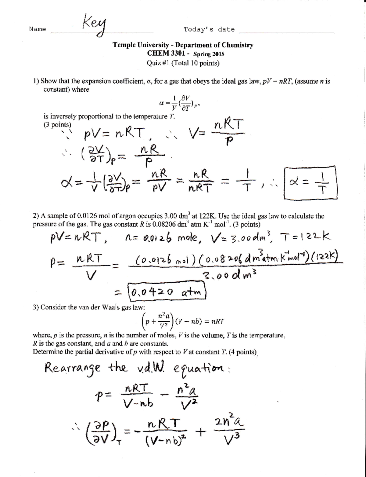 CHEM3301 Quiz #1 solutions Spring 2018 - date Name Temple University ...