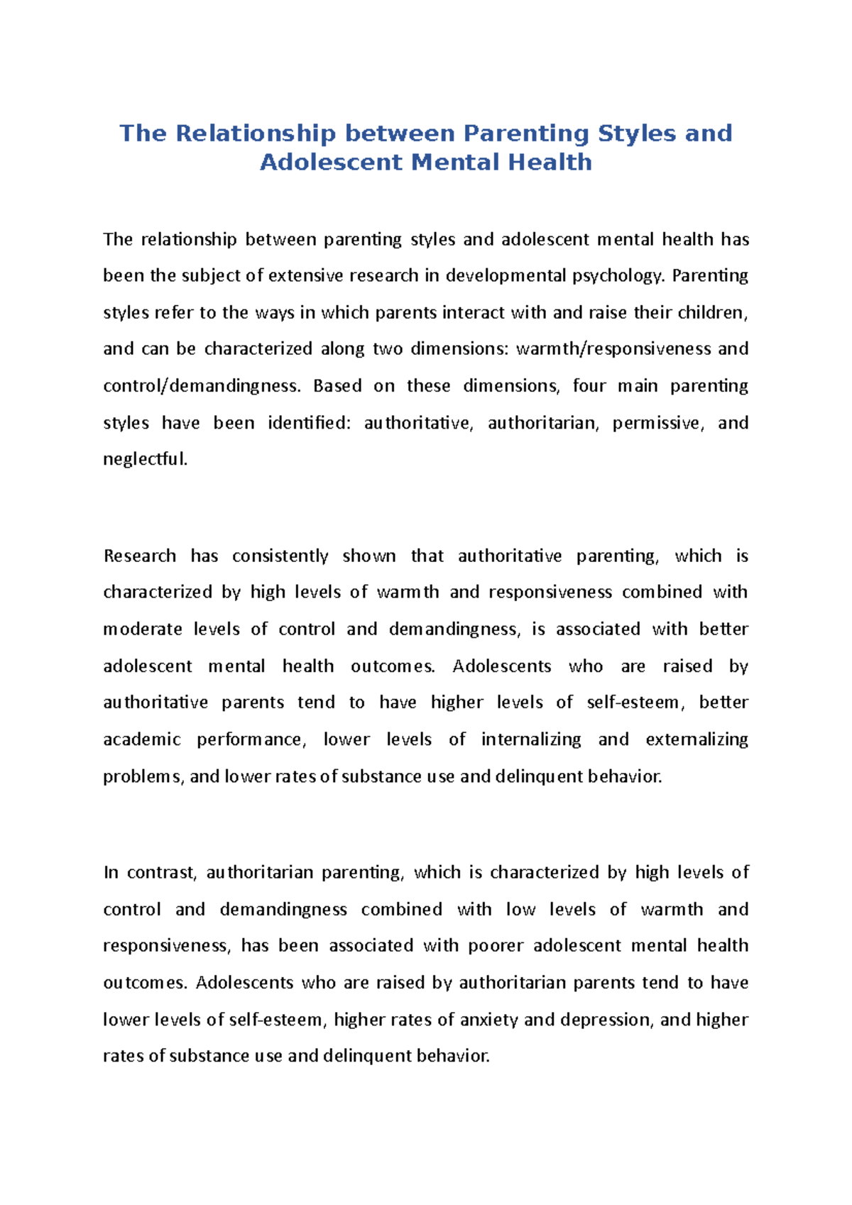 The Relationship between Parenting Styles and Adolescent Mental Health ...