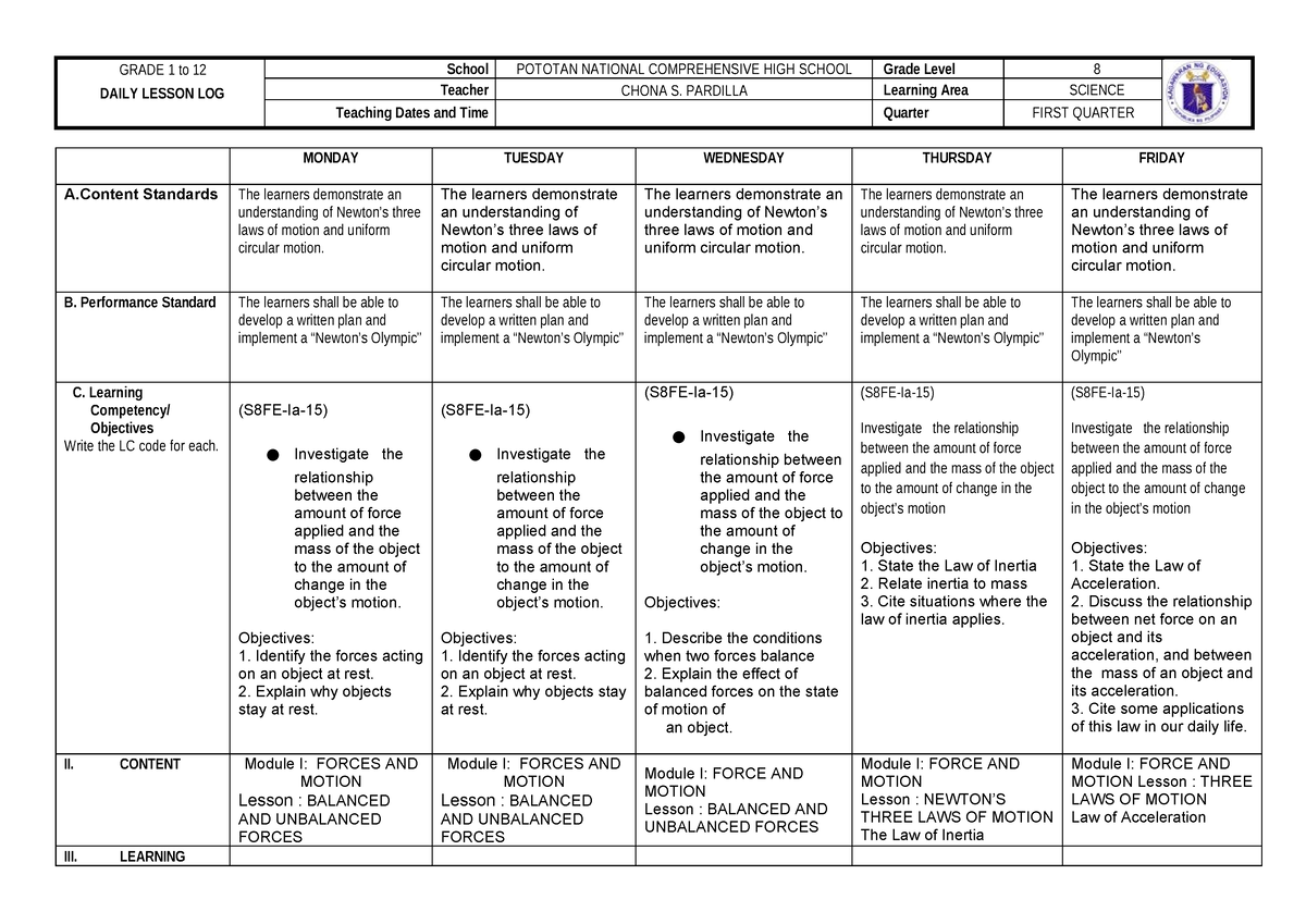 Week 1 - Lesson Plan - Grade 1 To 12 Daily Lesson Log School Pototan 