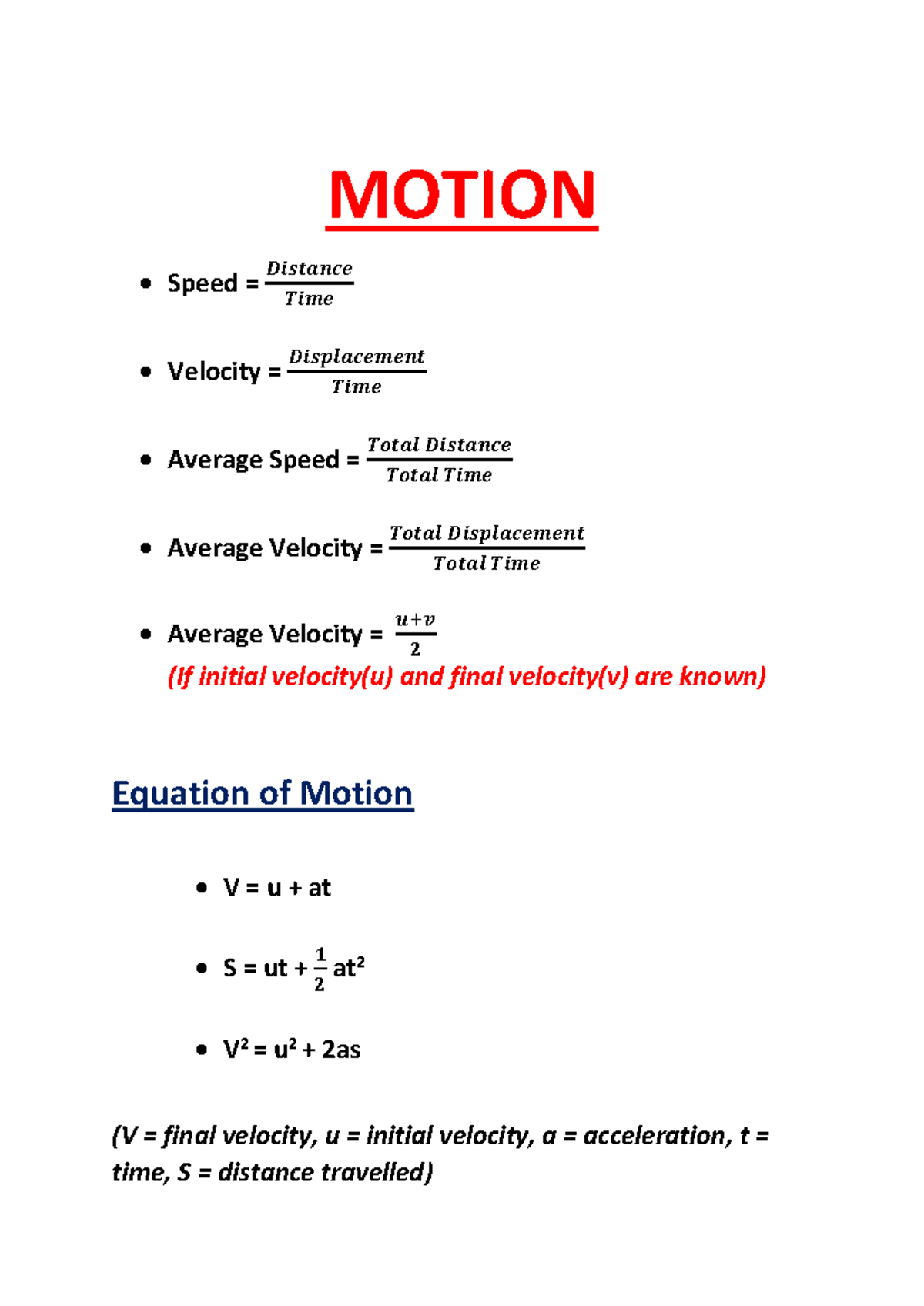 All Physics formula-converted - MOTION • Speed = 𝑫𝒊𝒔𝒕𝒂𝒏𝒄𝒆 𝑻𝒊𝒎𝒆 ...